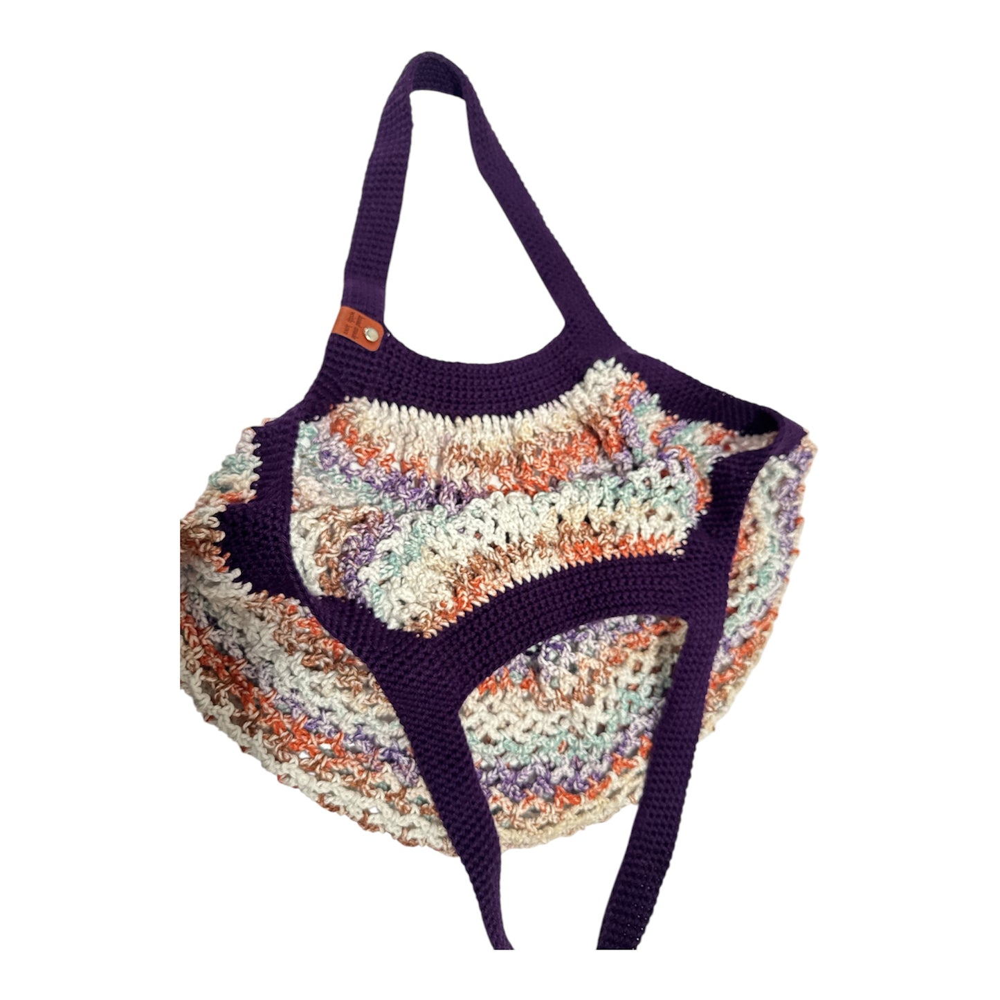 Crochet Market Bag Expandable Shoulder Bag, 100% USA-Grown Cotton, Ideal for Shopping and Everyday Use, Dark Purple and Multicolor