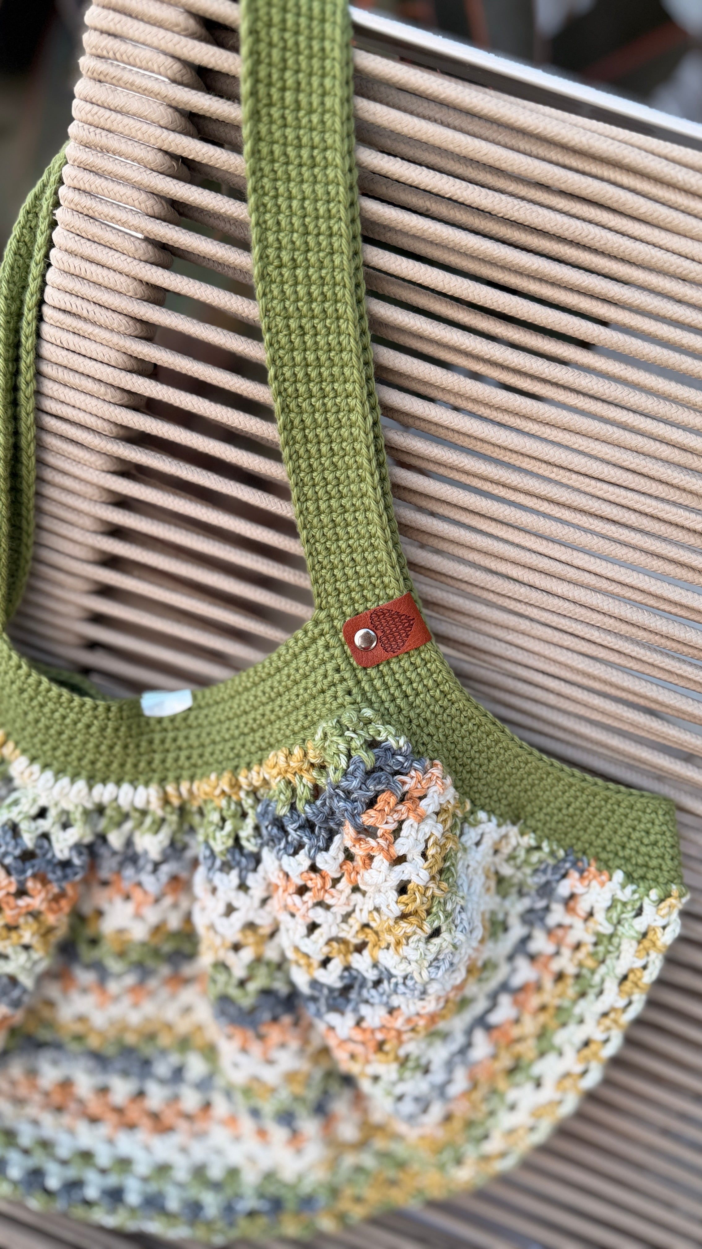 Handmade Crochet Market Mesh Bag, Olive Green and Harvest Hue