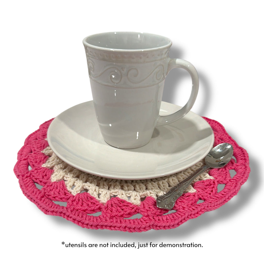 Coffee and Tea placemat,  set of 2, handmade crochet. Pink