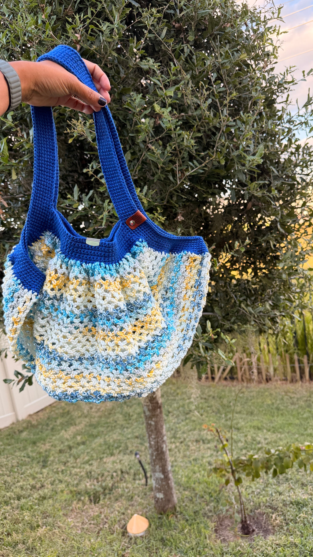 Handmade Crochet Market Mesh Bag, Blue and Paris in June