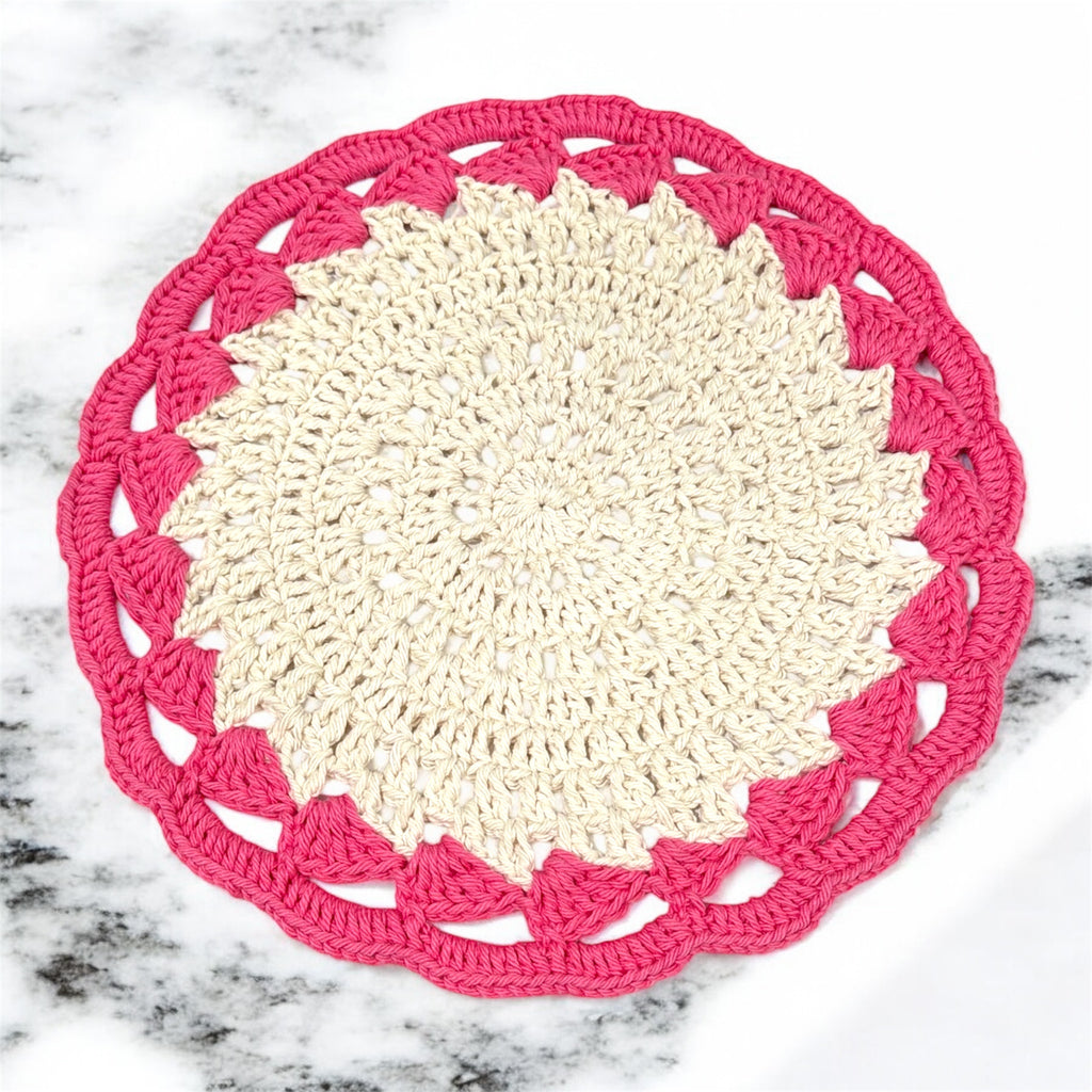 Coffee and Tea placemat,  set of 2, handmade crochet. Pink