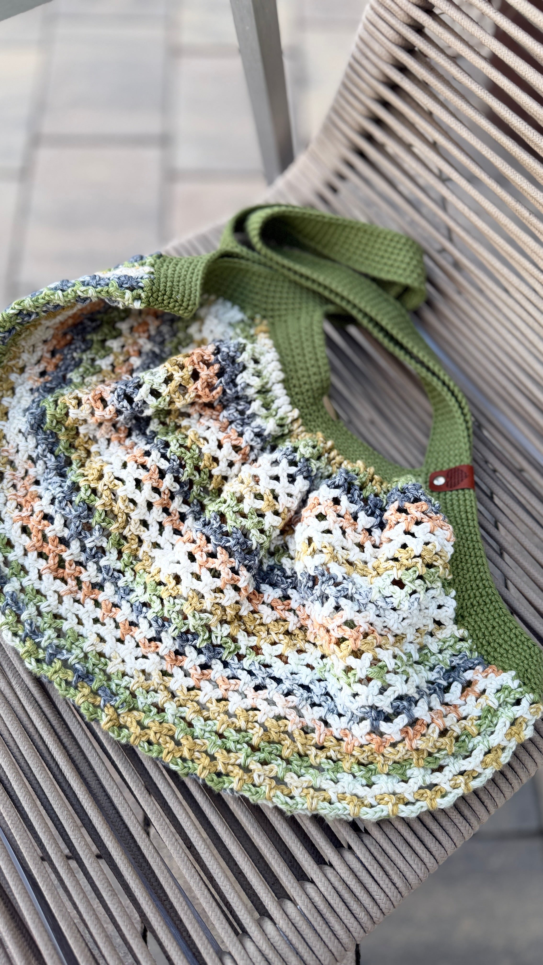 Handmade Crochet Market Mesh Bag, Olive Green and Harvest Hue