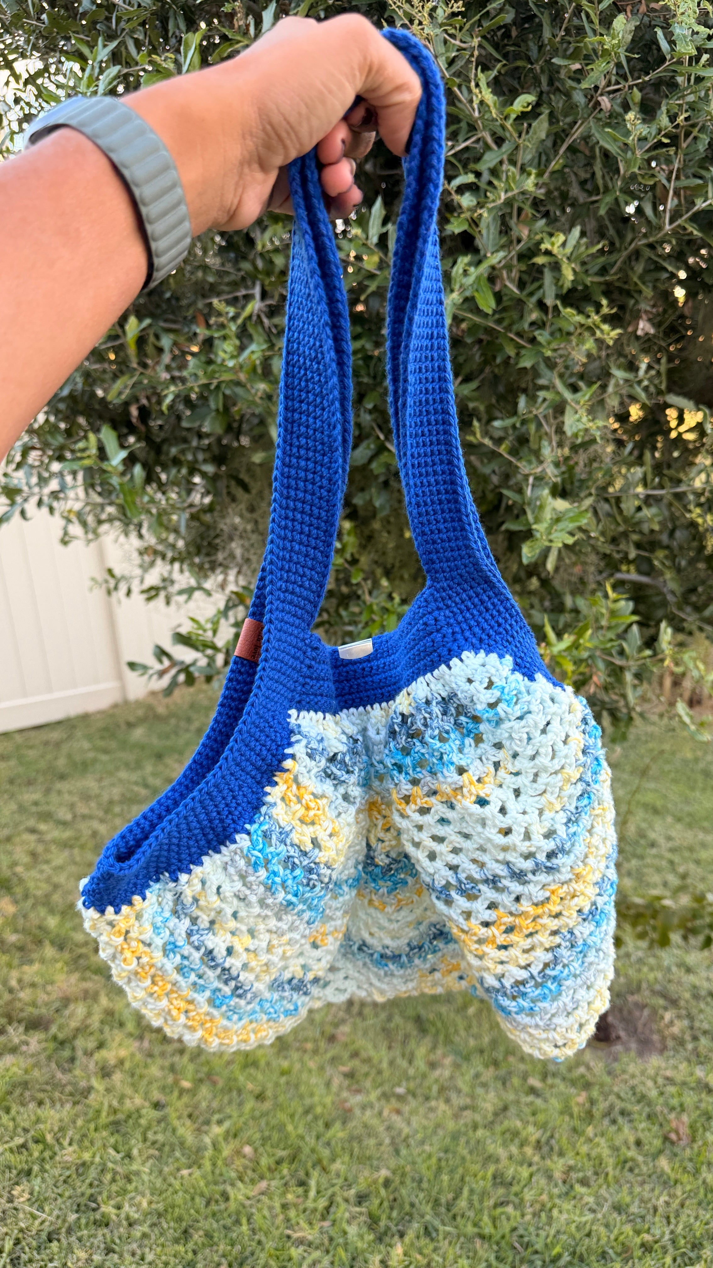 Handmade Crochet Market Mesh Bag, Blue and Paris in June
