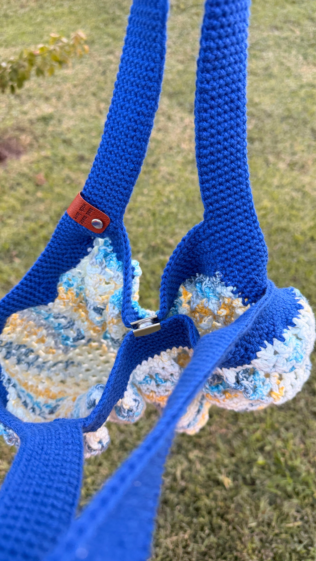 Handmade Crochet Market Mesh Bag, Blue and Paris in June