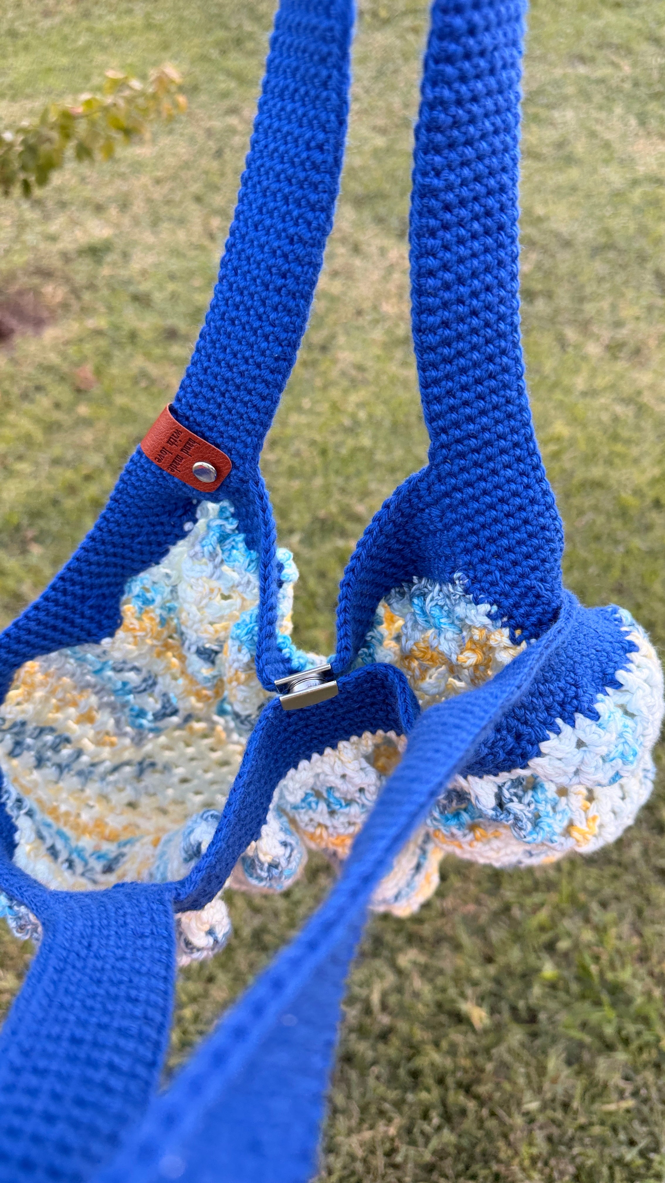 Handmade Crochet Market Mesh Bag, Blue and Paris in June