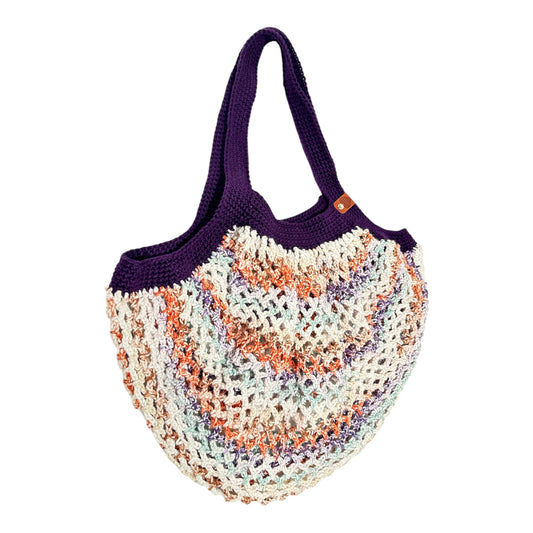 Crochet Market Bag Expandable Shoulder Bag, 100% USA-Grown Cotton, Ideal for Shopping and Everyday Use, Dark Purple and Multicolor
