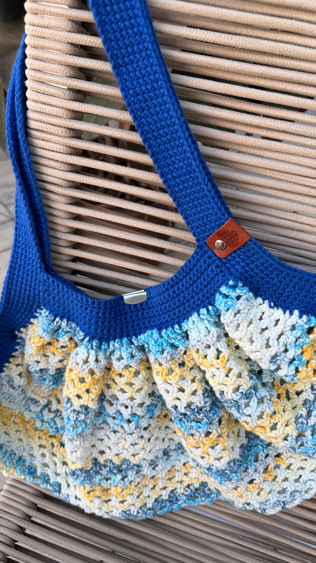 Handmade Crochet Market Mesh Bag, Blue and Paris in June