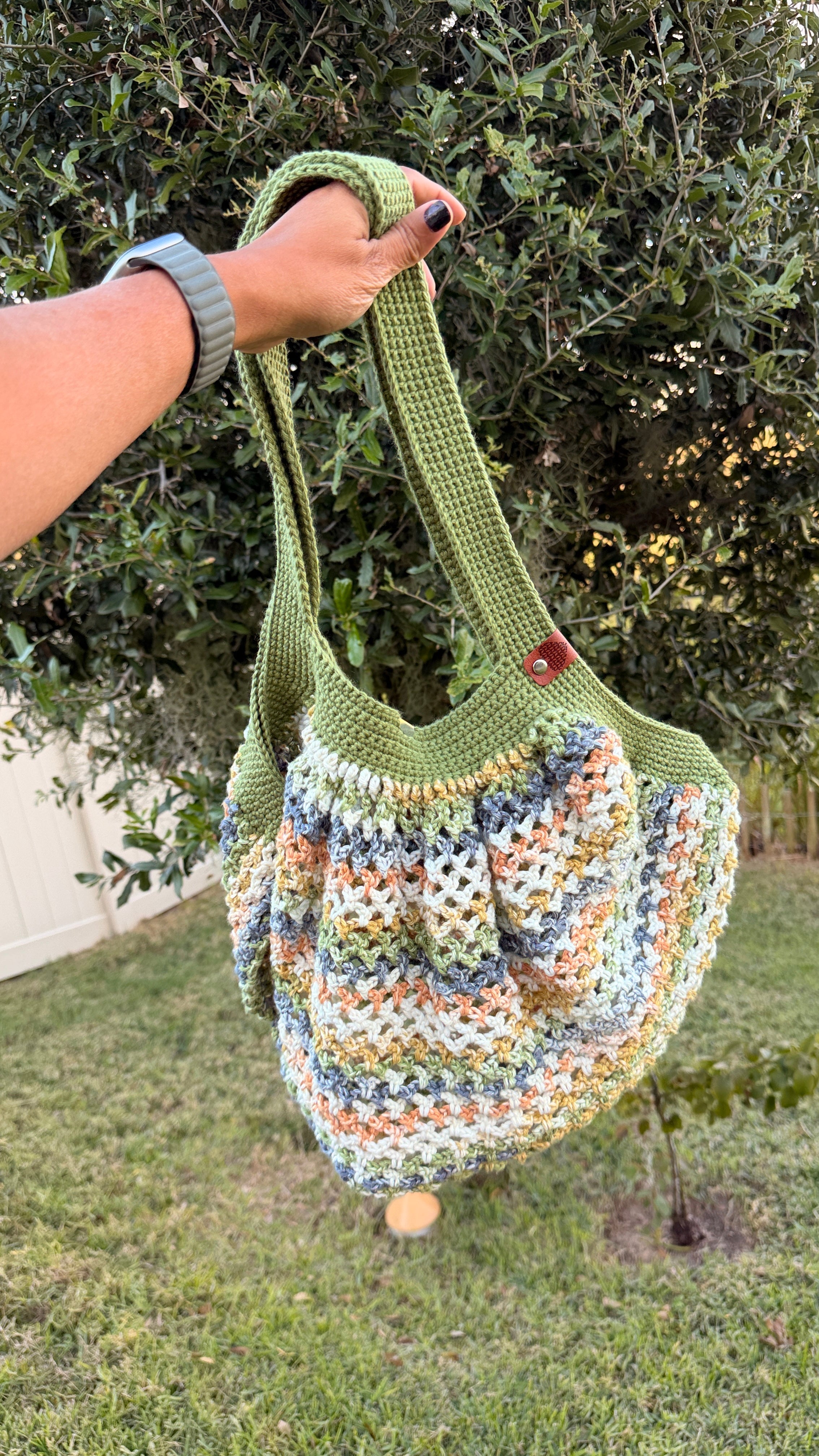 Handmade Crochet Market Mesh Bag, Olive Green and Harvest Hue