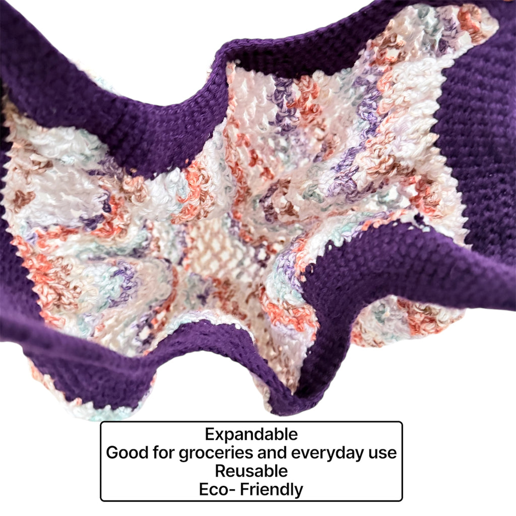 Handmade Crochet Market Mesh Bag, Purple Handle, Summer Beach Handmade