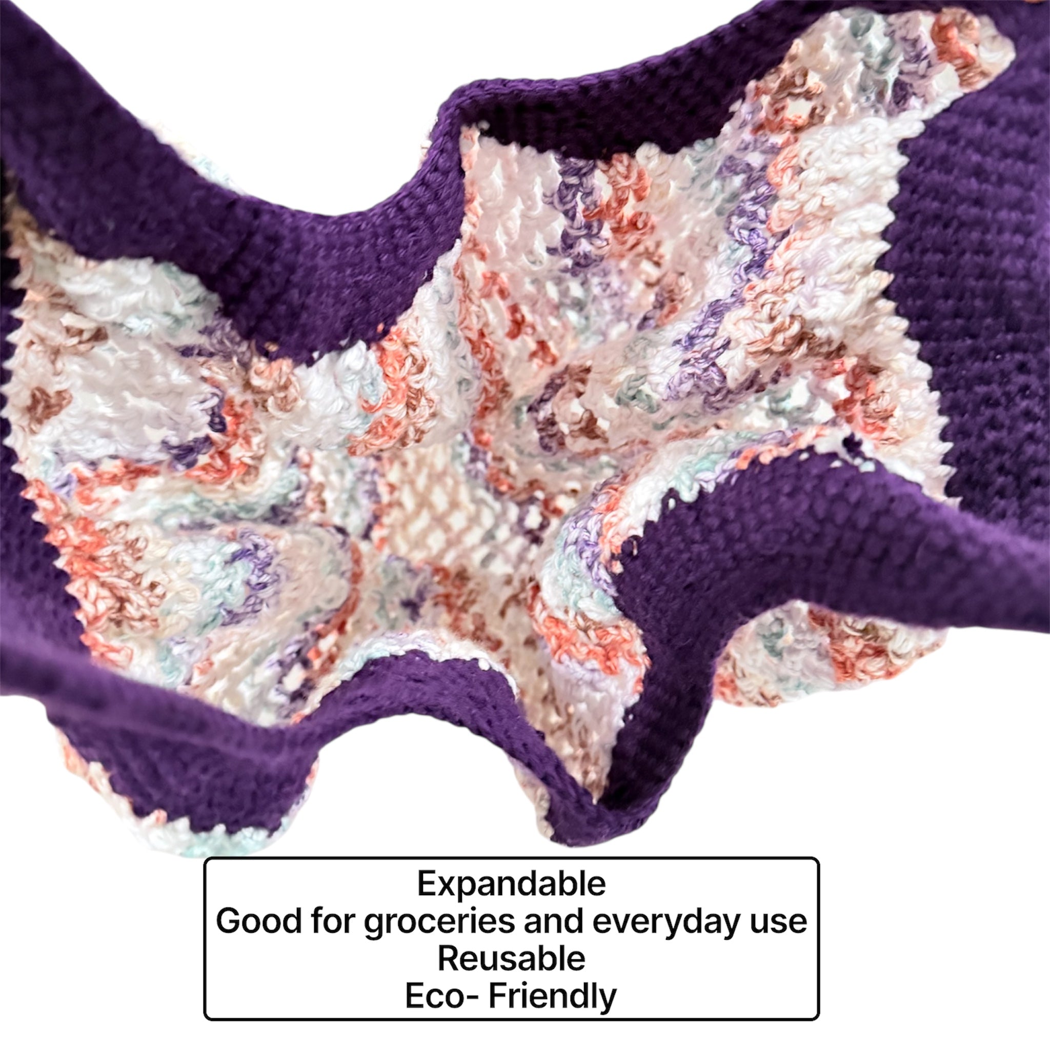 Handmade Crochet Market Mesh Bag, Purple Handle, Summer Beach Handmade