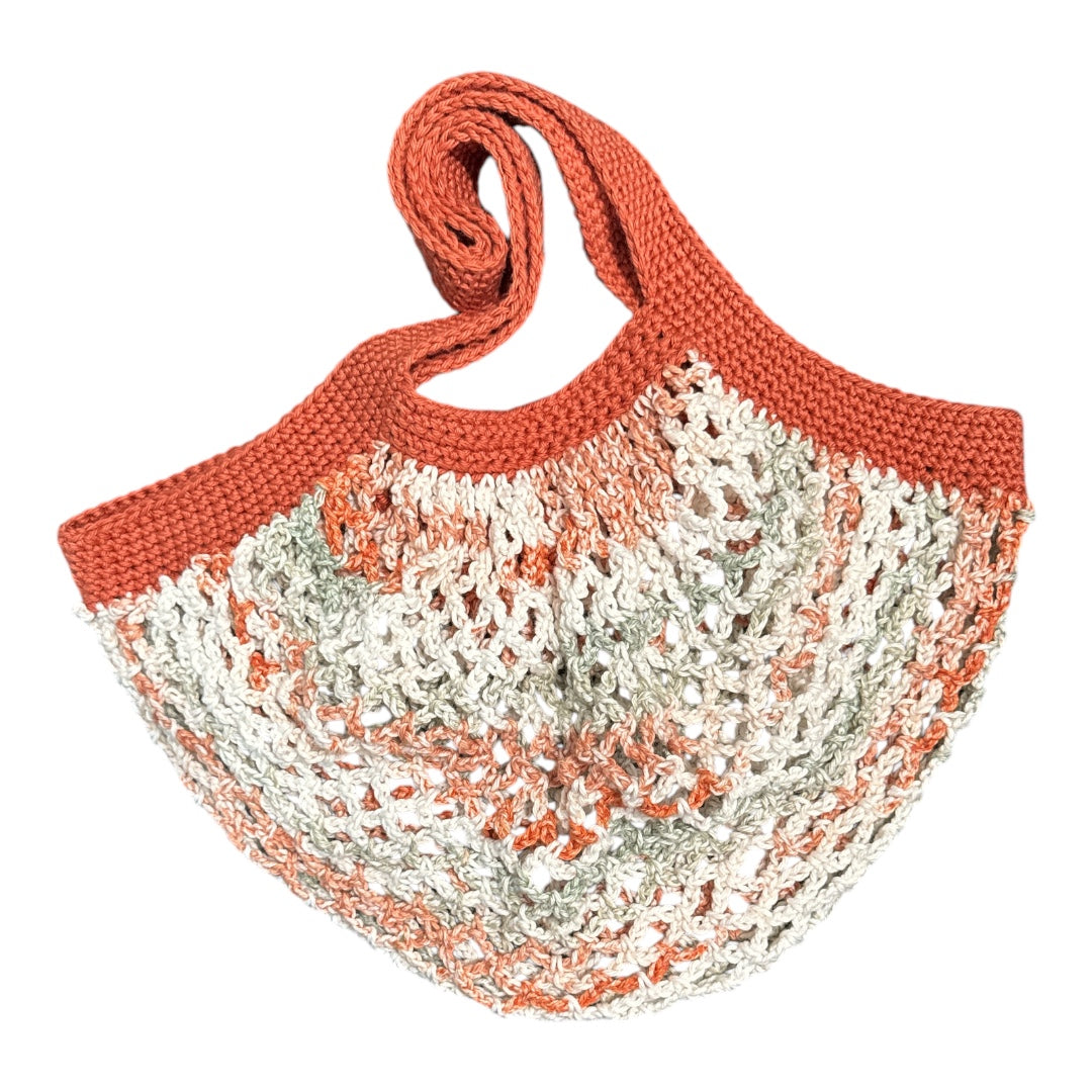 Handmade Crochet Market Mesh Bag, Coral and White with Terracota handle, Summer Beach Handbag