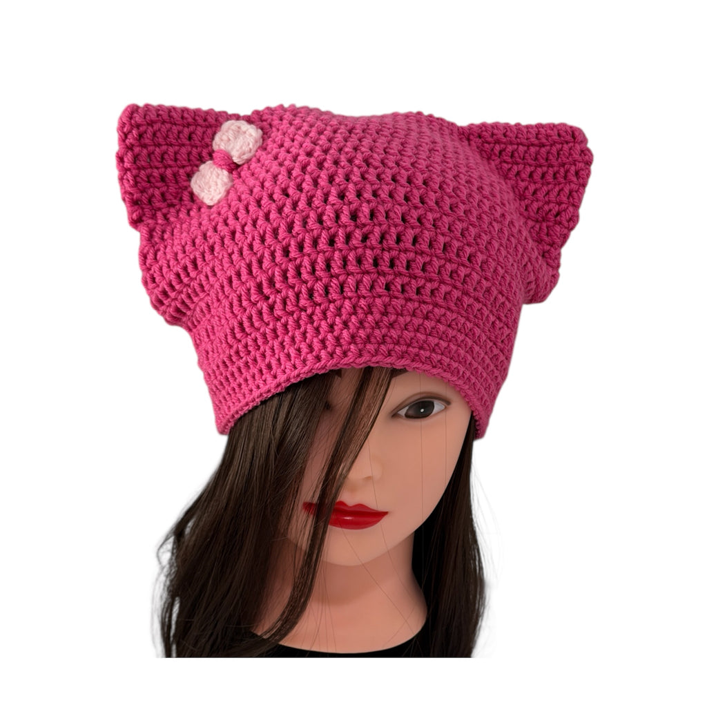 Crochet Custom Cat Ear Bennie Bright  Pink  with Light Pink bow - for kids 6 - 12 yo