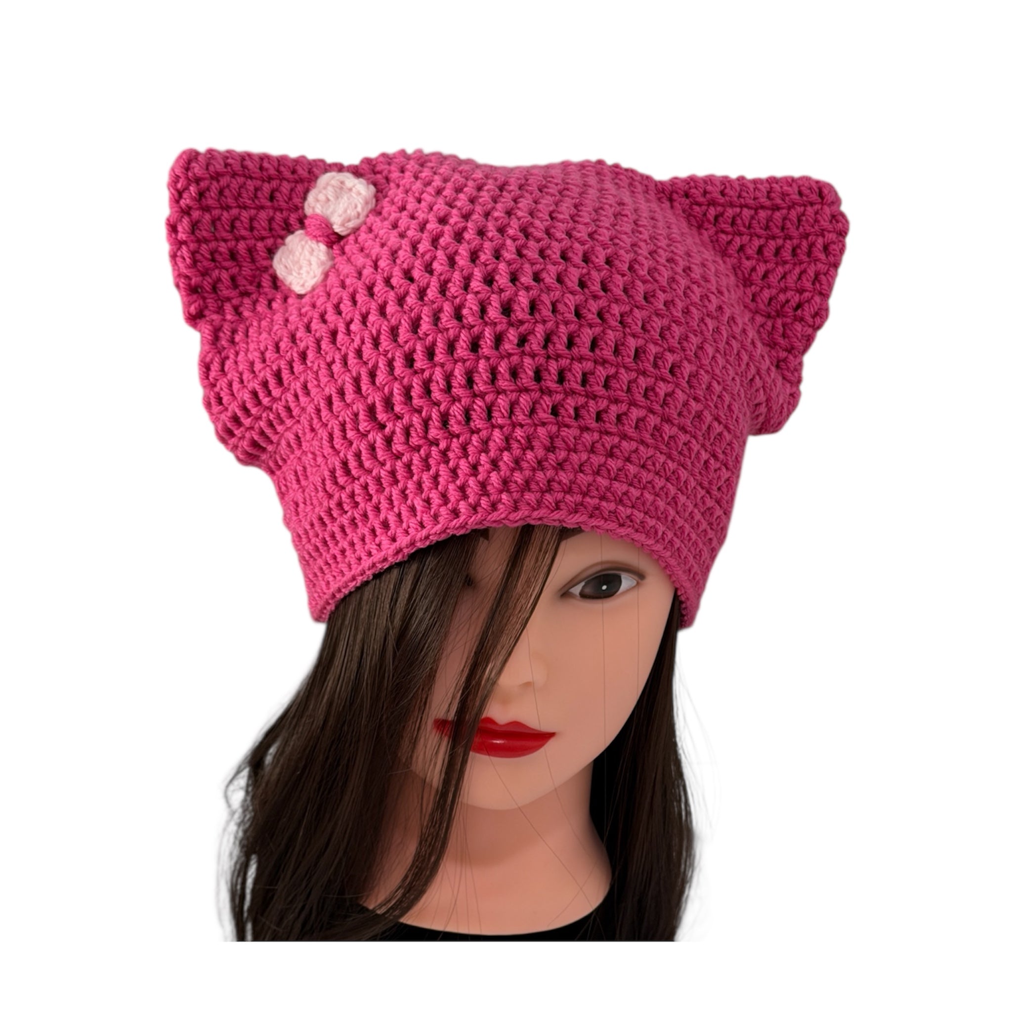 Crochet Custom Cat Ear Bennie Bright  Pink  with Light Pink bow - for kids 6 - 12 yo