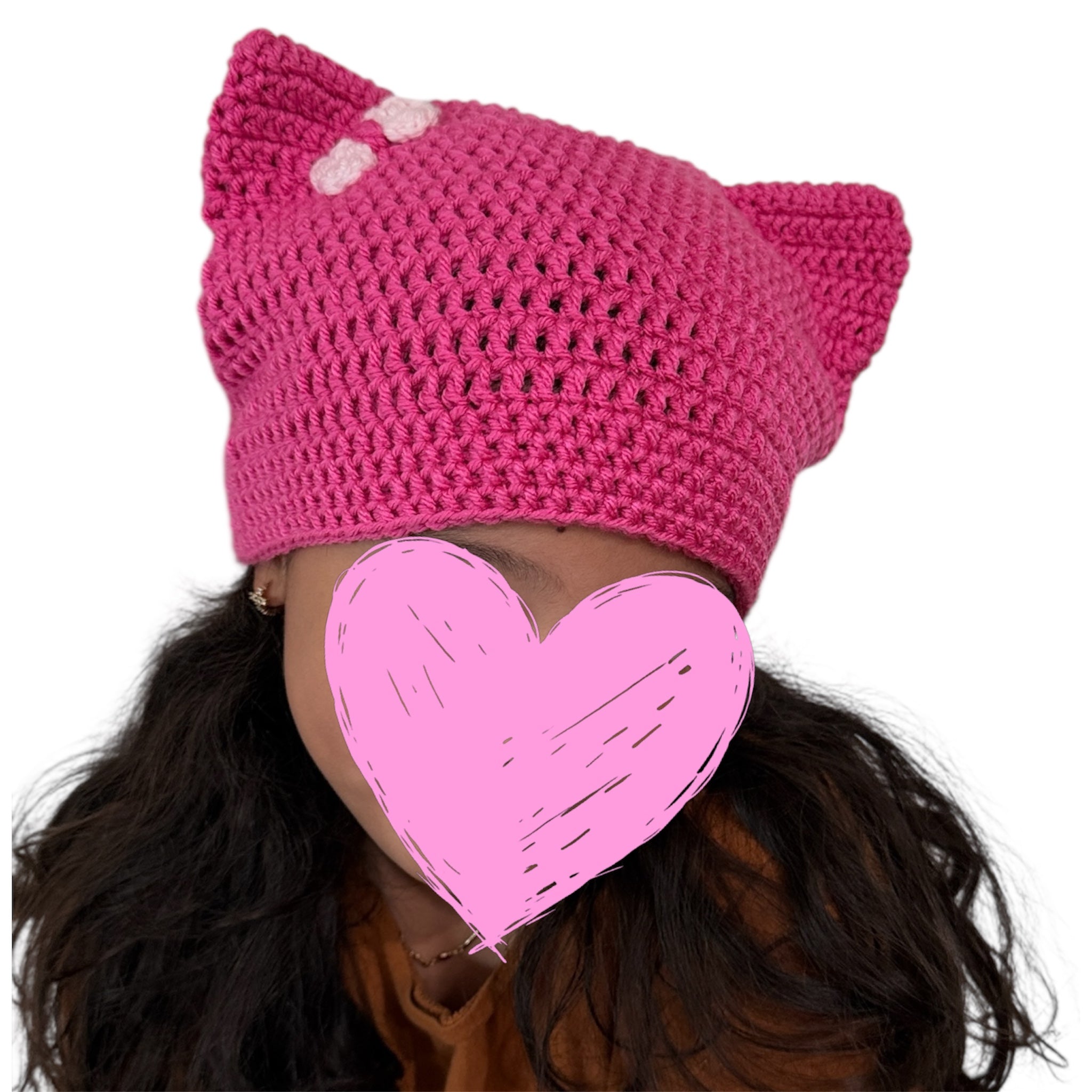 Crochet Custom Cat Ear Bennie Bright  Pink  with Light Pink bow - for kids 6 - 12 yo