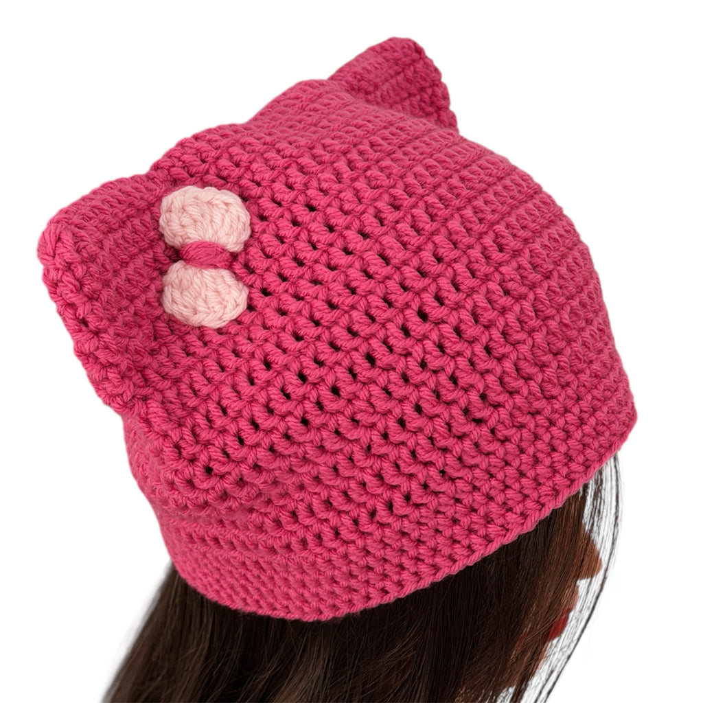 Crochet Custom Cat Ear Bennie Bright  Pink  with Light Pink bow - for kids 6 - 12 yo