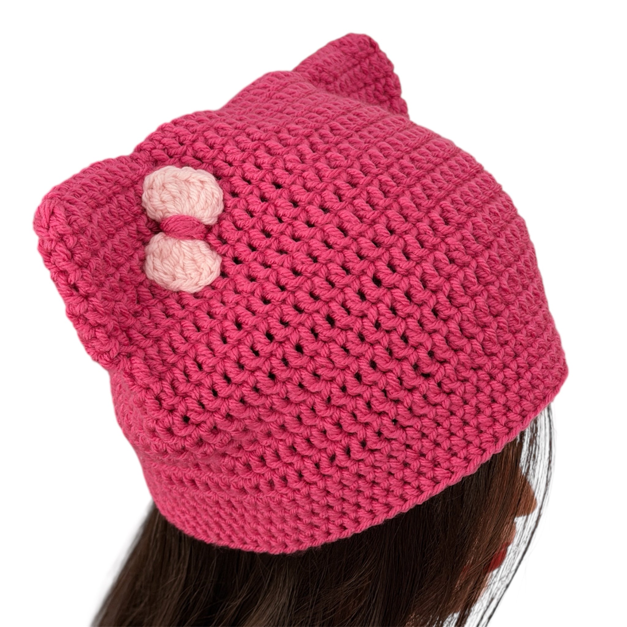 Crochet Custom Cat Ear Bennie Bright  Pink  with Light Pink bow - for kids 6 - 12 yo