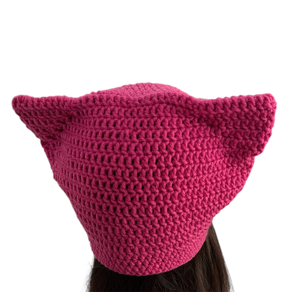 Crochet Custom Cat Ear Bennie Bright  Pink  with Light Pink bow - for kids 6 - 12 yo