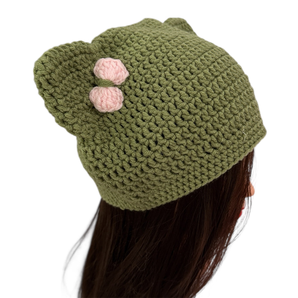 Crochet  Custom Cat Ear Bennie Olive Green with Light Pink bow - for kids 6 - 12yo