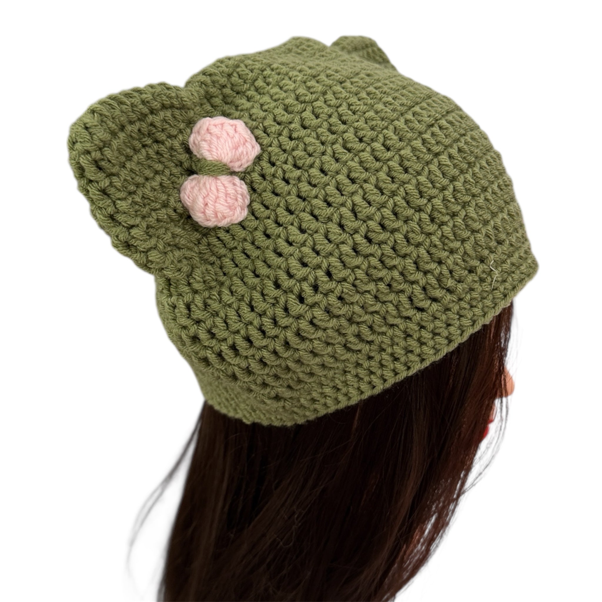 Crochet  Custom Cat Ear Bennie Olive Green with Light Pink bow - for kids 6 - 12yo