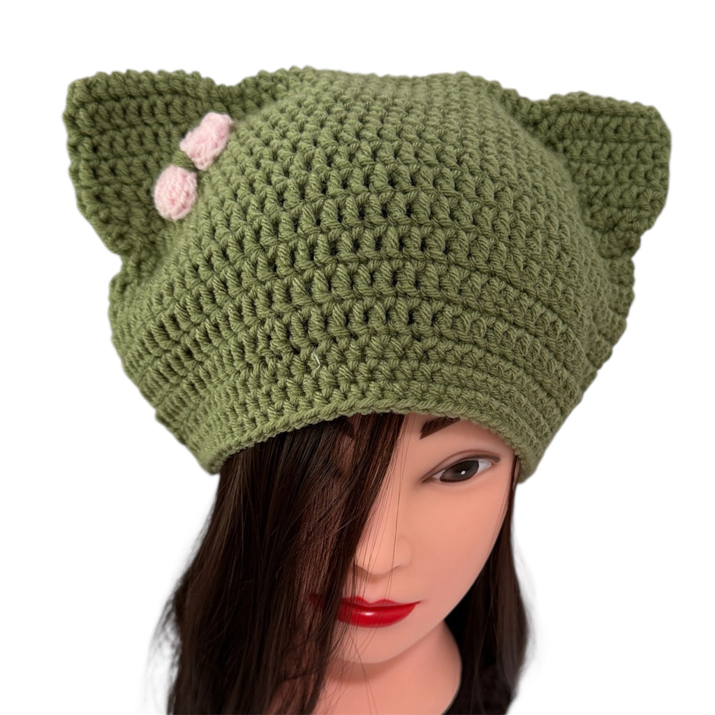 Crochet  Custom Cat Ear Bennie Olive Green with Light Pink bow - for kids 6 - 12yo