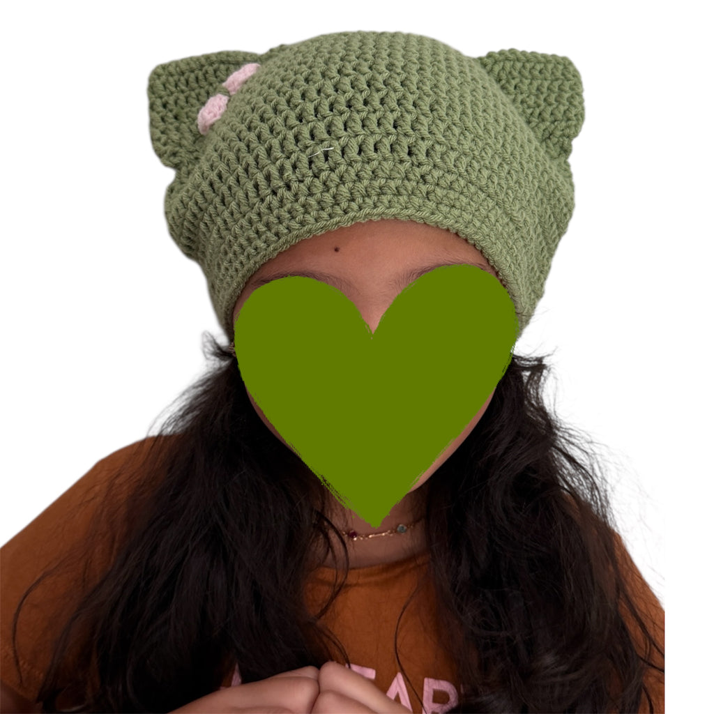 Crochet  Custom Cat Ear Bennie Olive Green with Light Pink bow - for kids 6 - 12yo