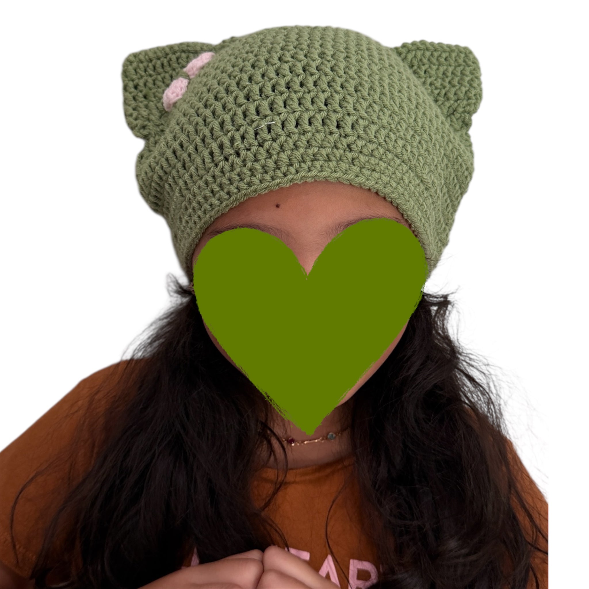 Crochet  Custom Cat Ear Bennie Olive Green with Light Pink bow - for kids 6 - 12yo