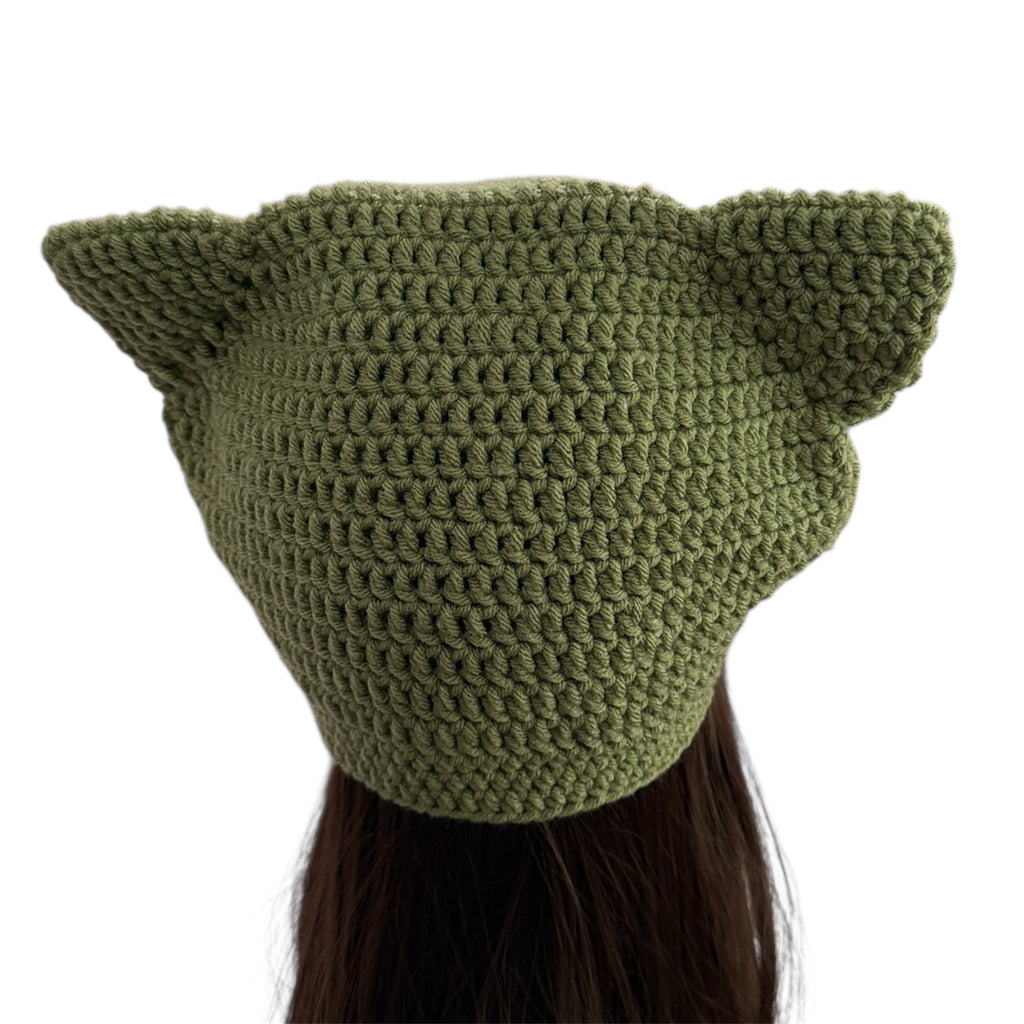 Crochet  Custom Cat Ear Bennie Olive Green with Light Pink bow - for kids 6 - 12yo
