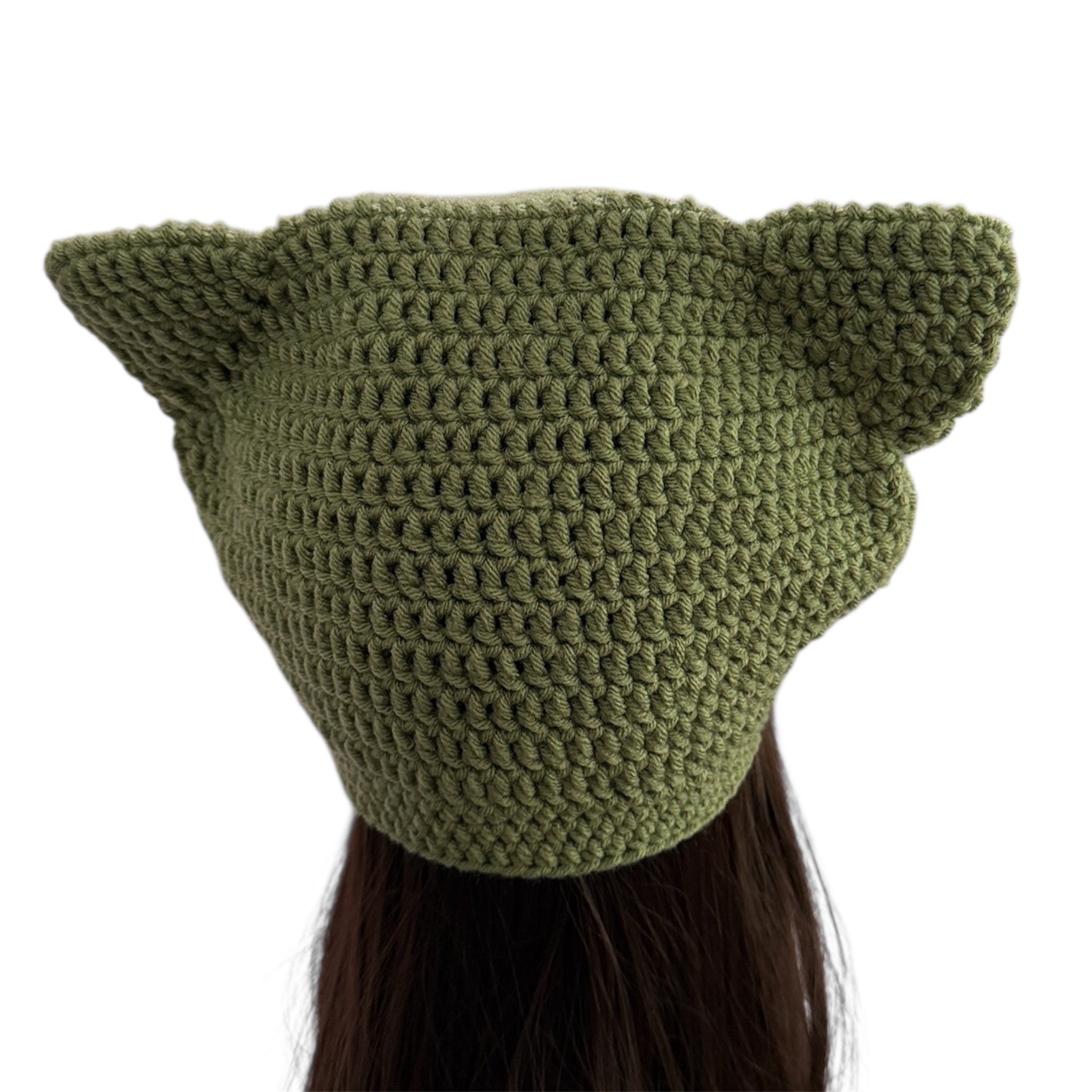 Crochet  Custom Cat Ear Bennie Olive Green with Light Pink bow - for kids 6 - 12yo