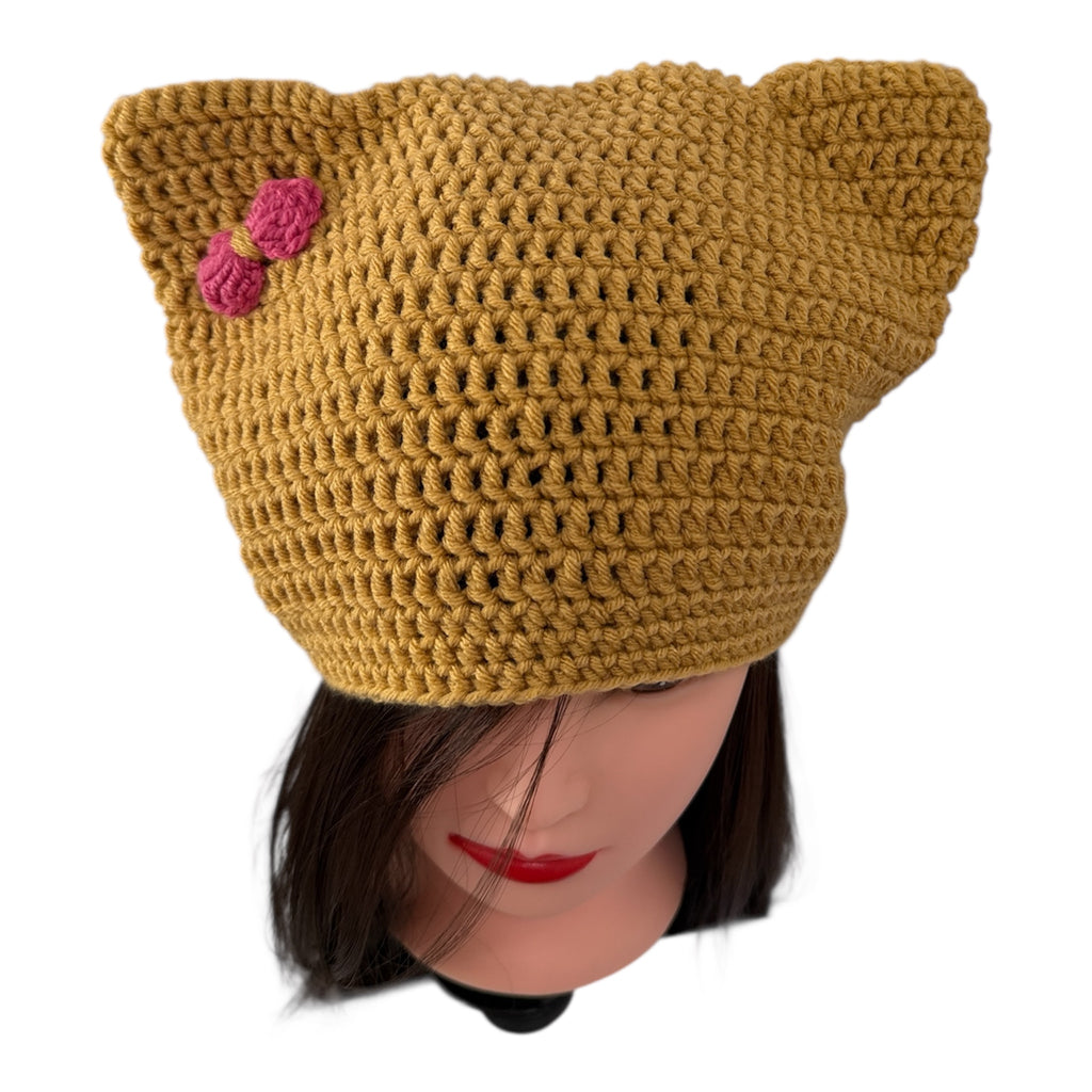 Crochet  Custom Cat Ear Bennie Yellow mustard with Pink bow - for kids 6-12 yo.