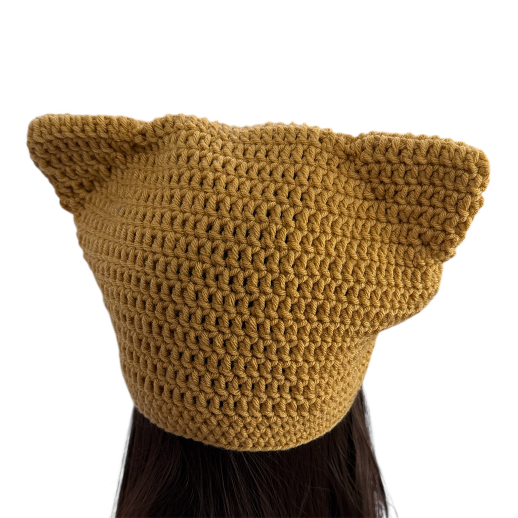 Crochet  Custom Cat Ear Bennie Yellow mustard with Pink bow - for kids 6-12 yo.