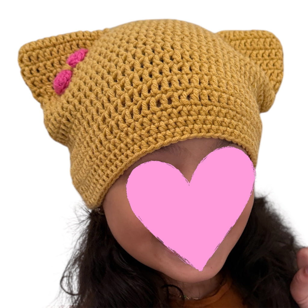 Crochet  Custom Cat Ear Bennie Yellow mustard with Pink bow - for kids 6-12 yo.