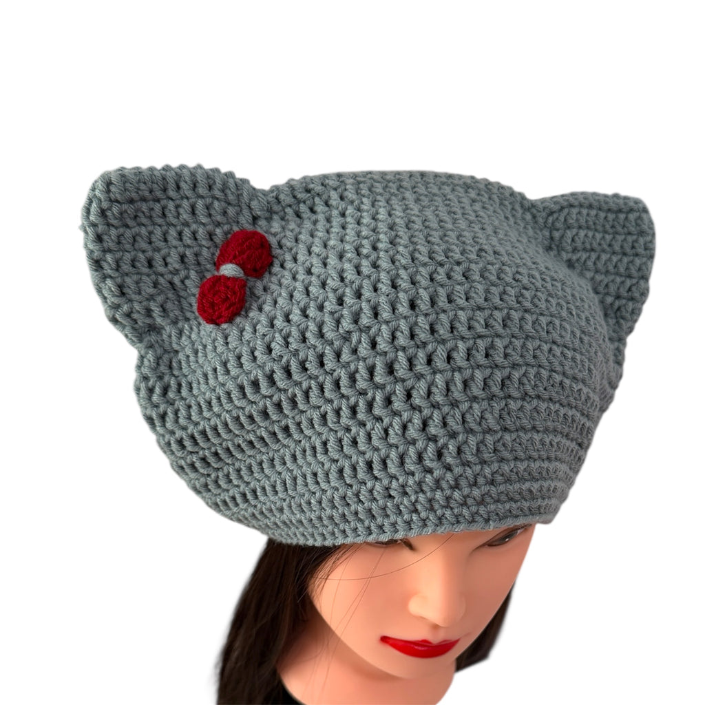 Crochet Custom Cat Ear Bennie Blue  with  Red bow - for kids 6-12 yo.- Christmas