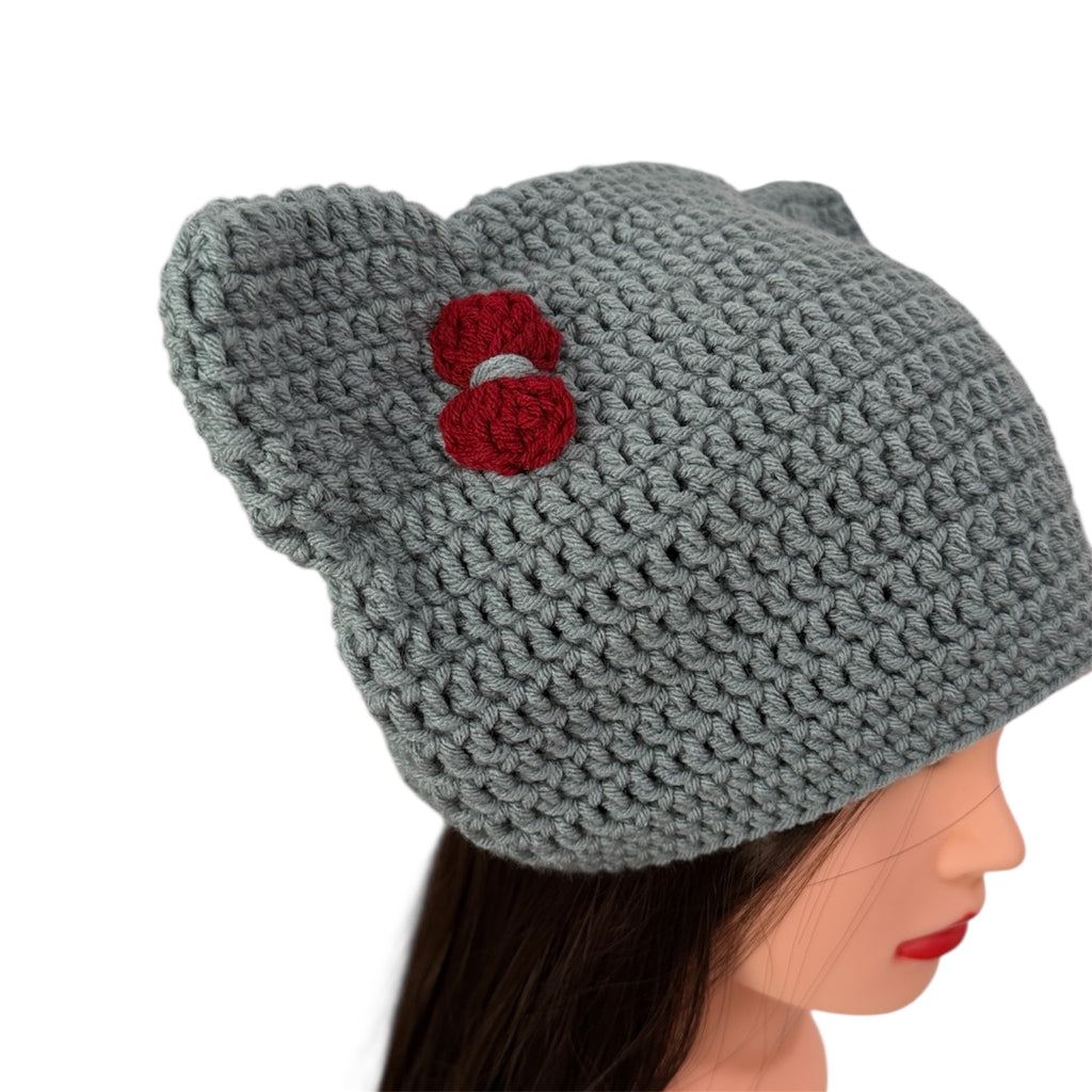 Crochet Custom Cat Ear Bennie Blue  with  Red bow - for kids 6-12 yo.- Christmas
