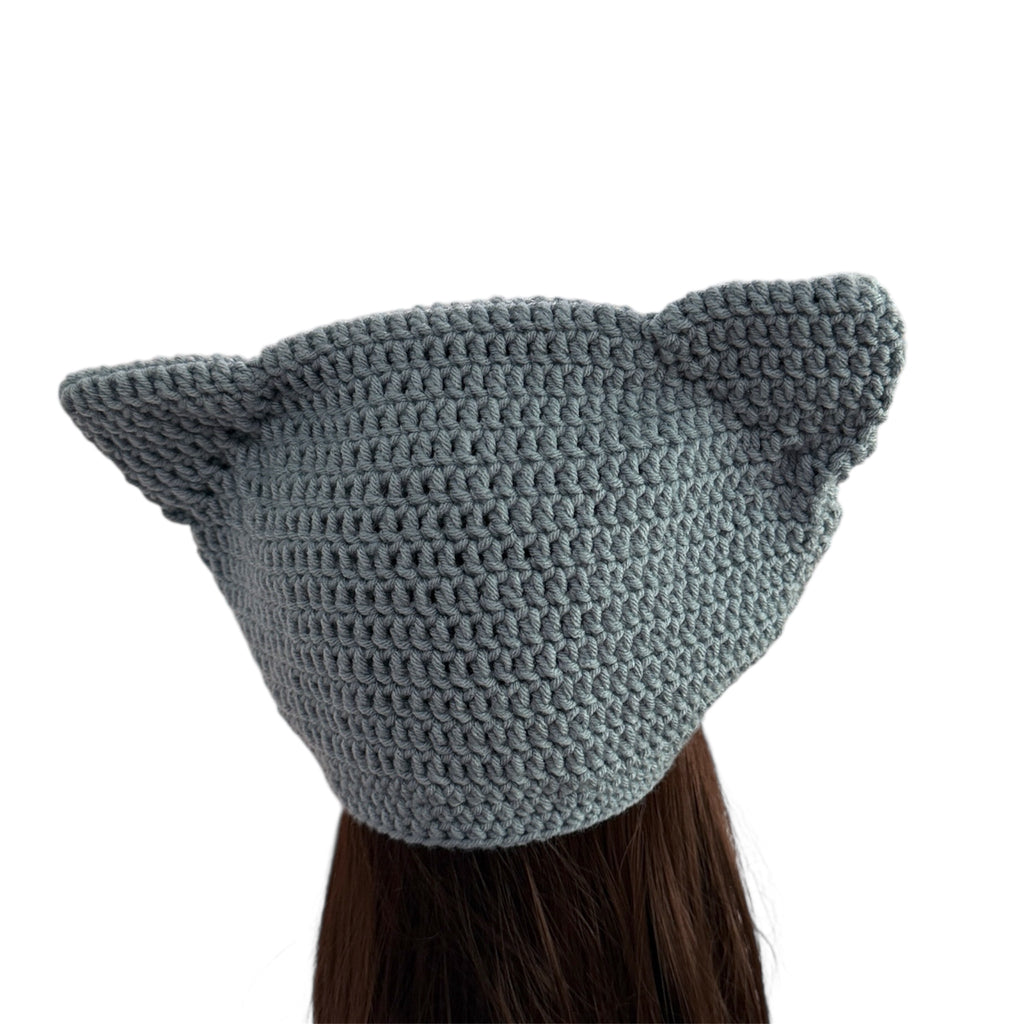 Crochet Custom Cat Ear Bennie Blue  with  Red bow - for kids 6-12 yo.- Christmas