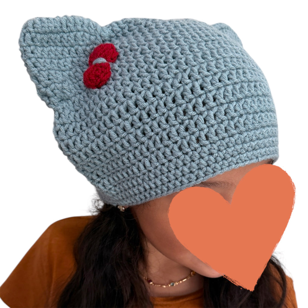 Crochet Custom Cat Ear Bennie Blue  with  Red bow - for kids 6-12 yo.- Christmas