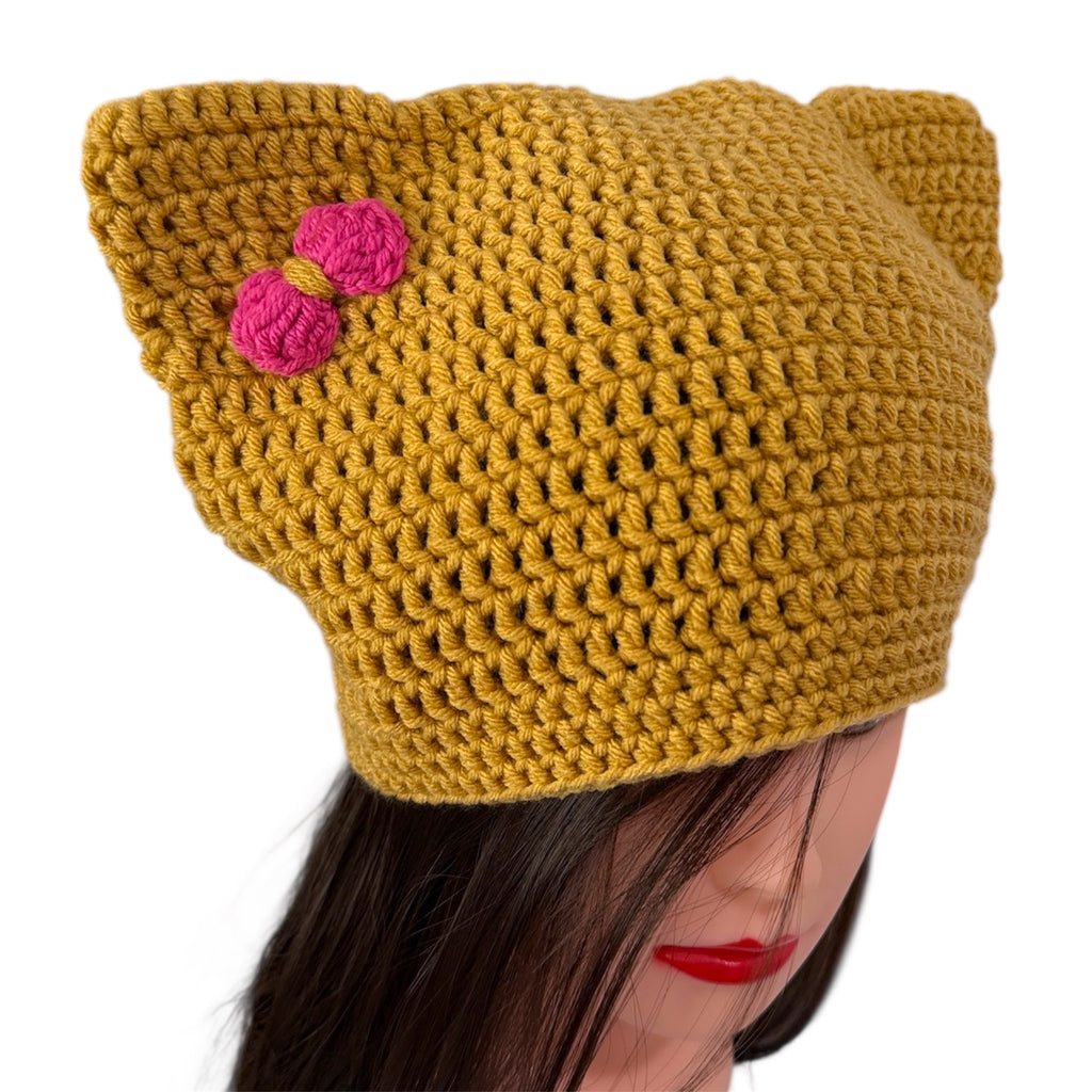 Crochet  Custom Cat Ear Bennie Yellow mustard with Pink bow - for kids 6-12 yo.