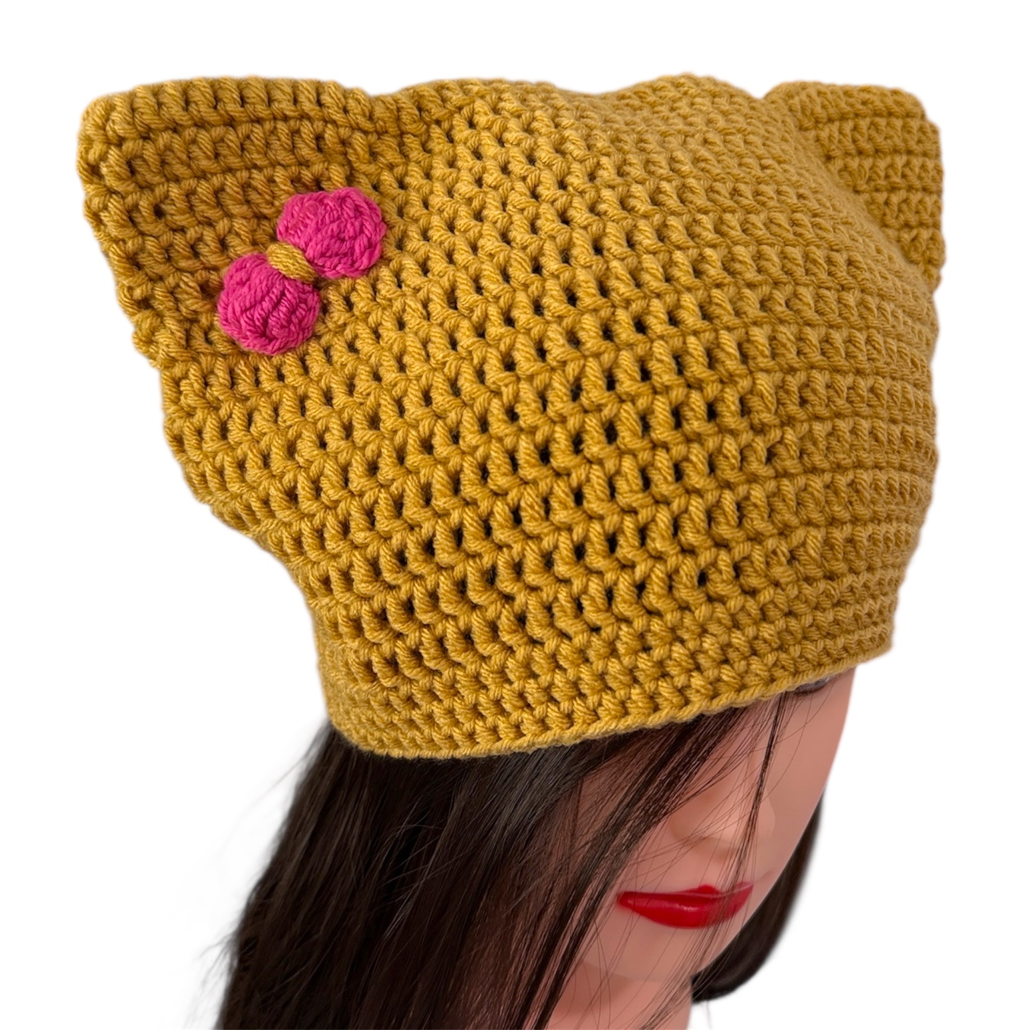Crochet  Custom Cat Ear Bennie Yellow mustard with Pink bow - for kids 6-12 yo.
