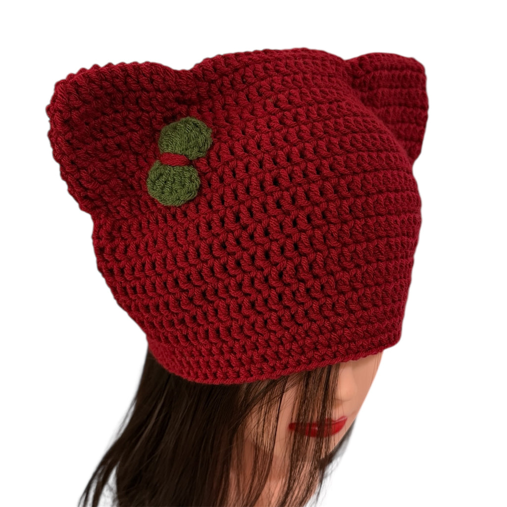 Crochet Custom Cat Ear Bennie Red with  green bow - for kids 6-12 yo.- Christmas