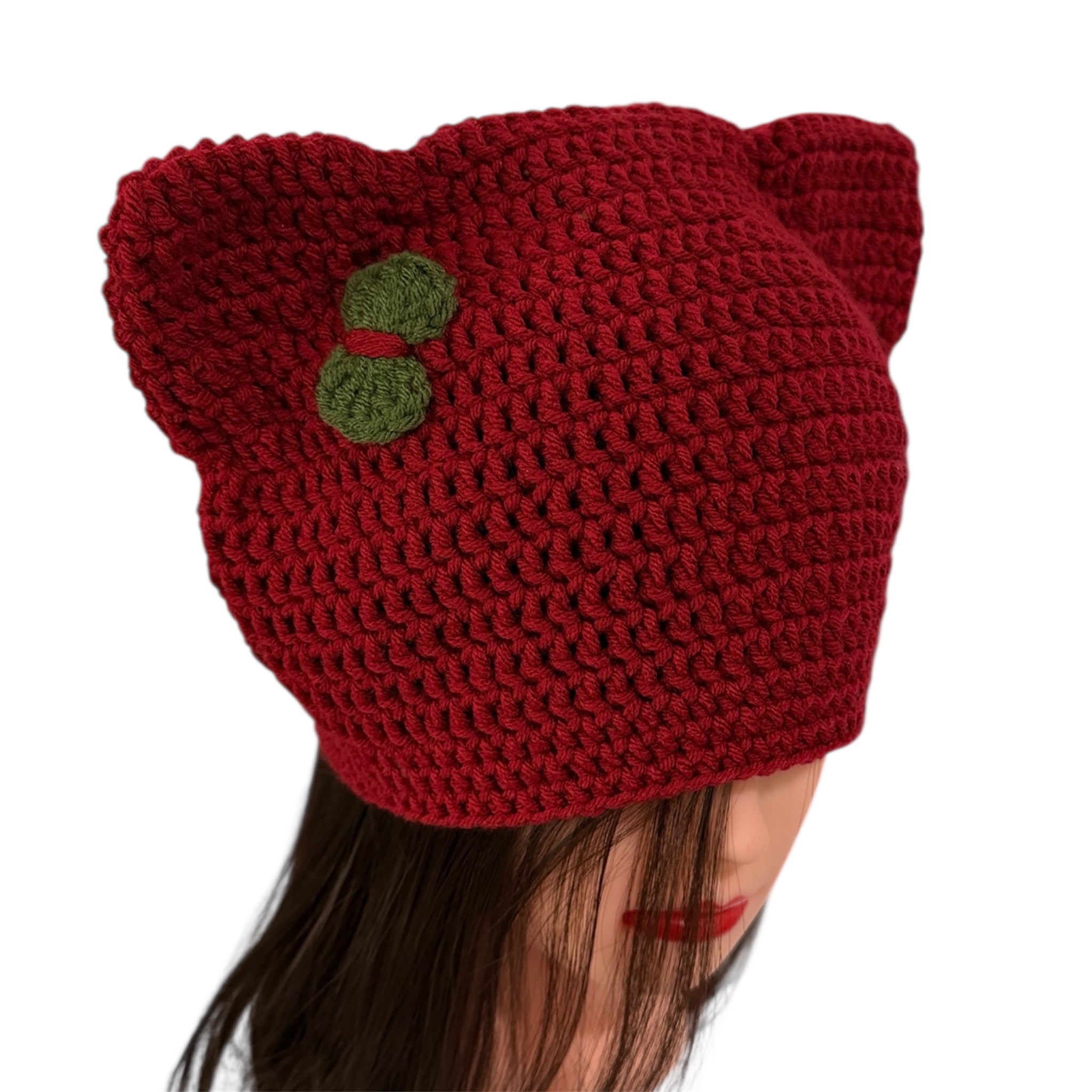 Crochet Custom Cat Ear Bennie Red with  green bow - for kids 6-12 yo.- Christmas