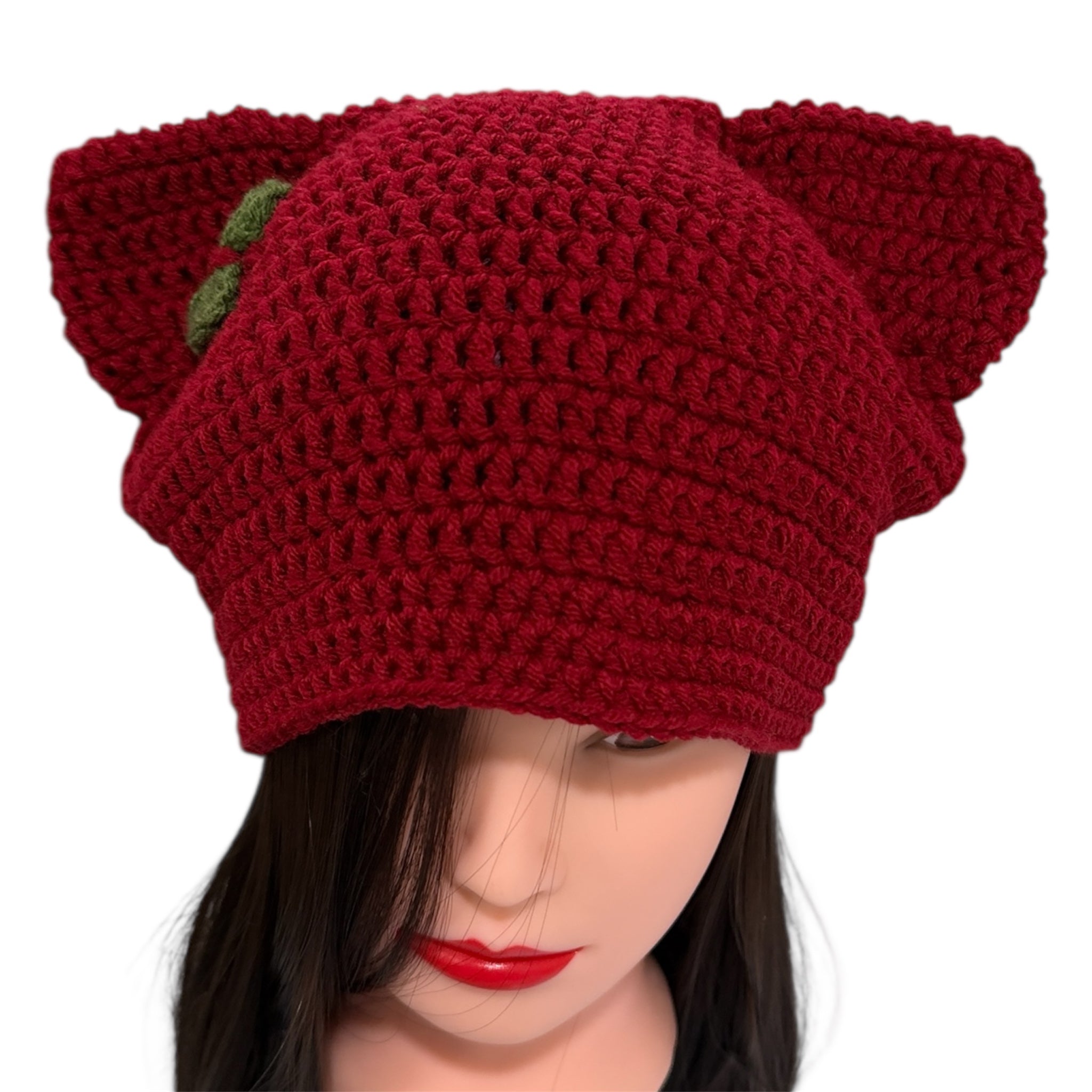 Crochet Custom Cat Ear Bennie Red with  green bow - for kids 6-12 yo.- Christmas