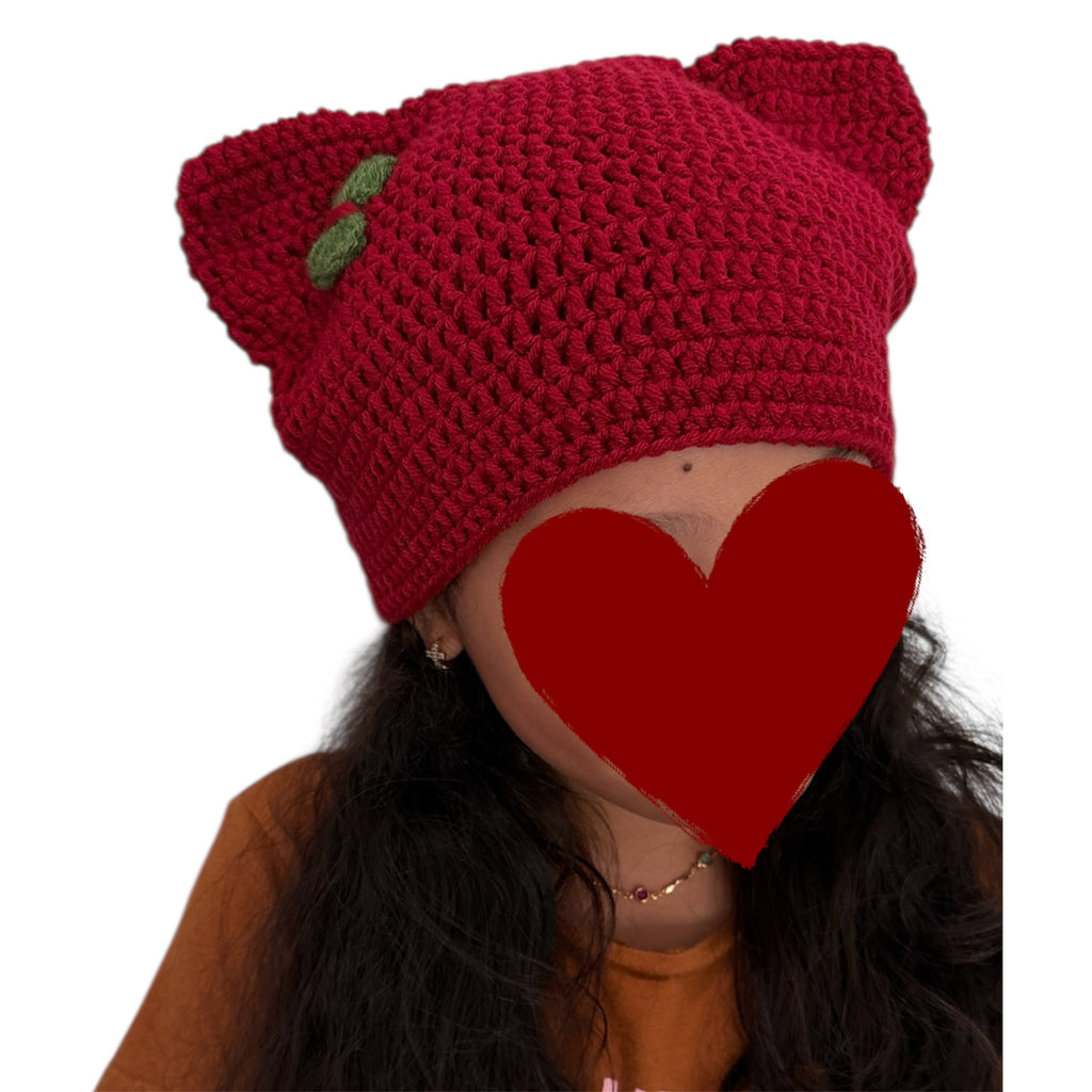 Crochet Custom Cat Ear Bennie Red with  green bow - for kids 6-12 yo.- Christmas