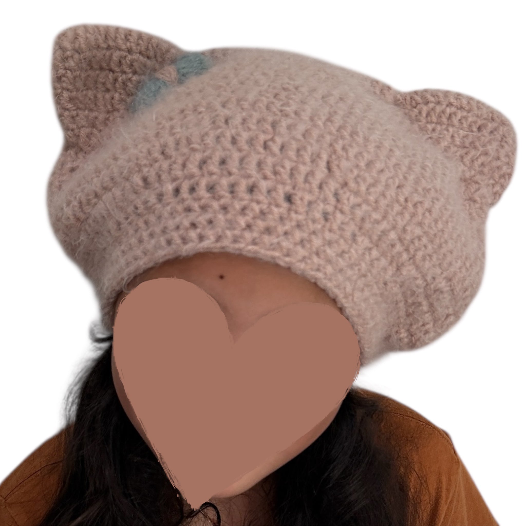 Crochet Custom Cat Ear Bennie Dusty Pink  with Light Blue bow - for kids and adults