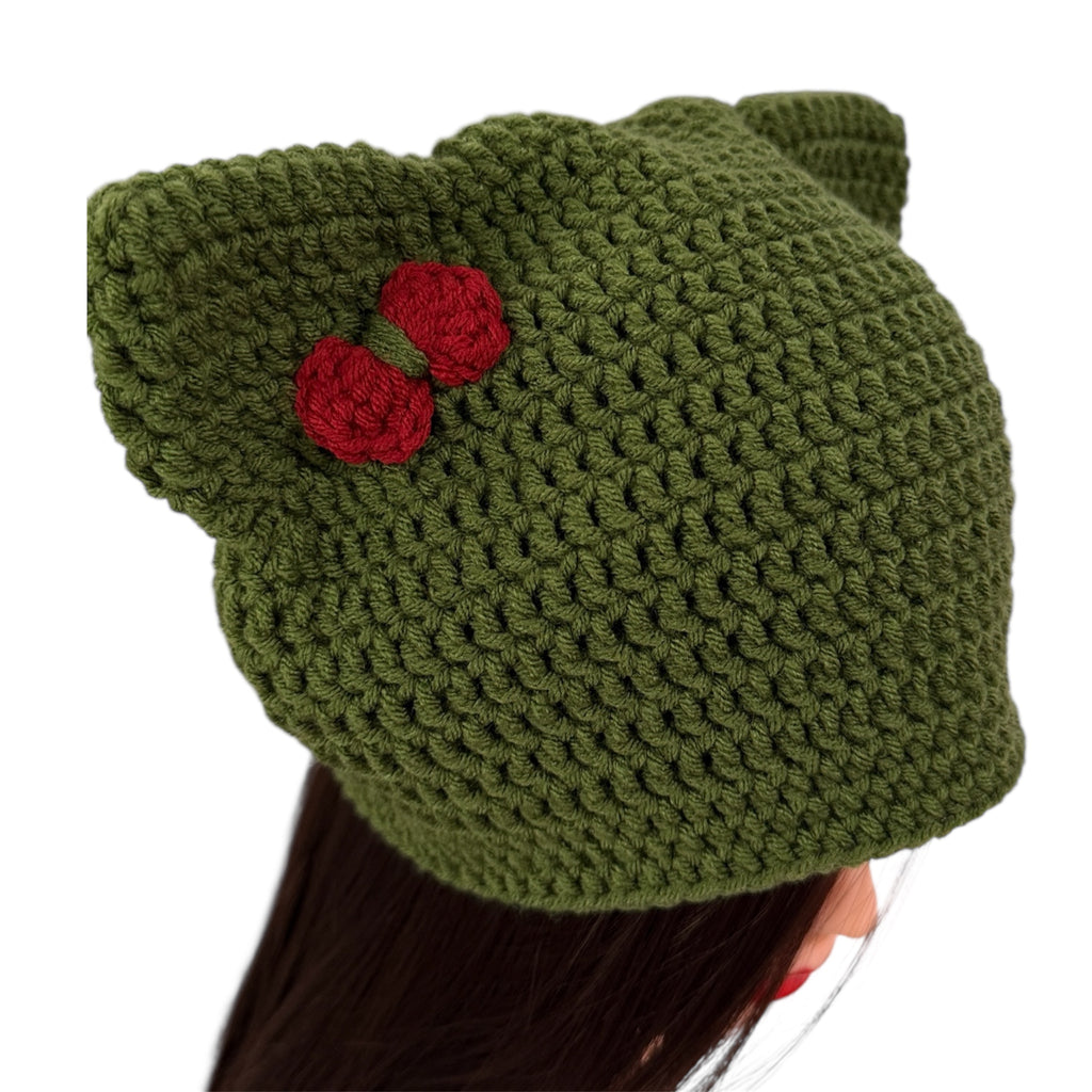 Crochet Custom Cat Ear Bennie Dark Olive Green with  Red bow - for kids 6-12 yo.- Christmas