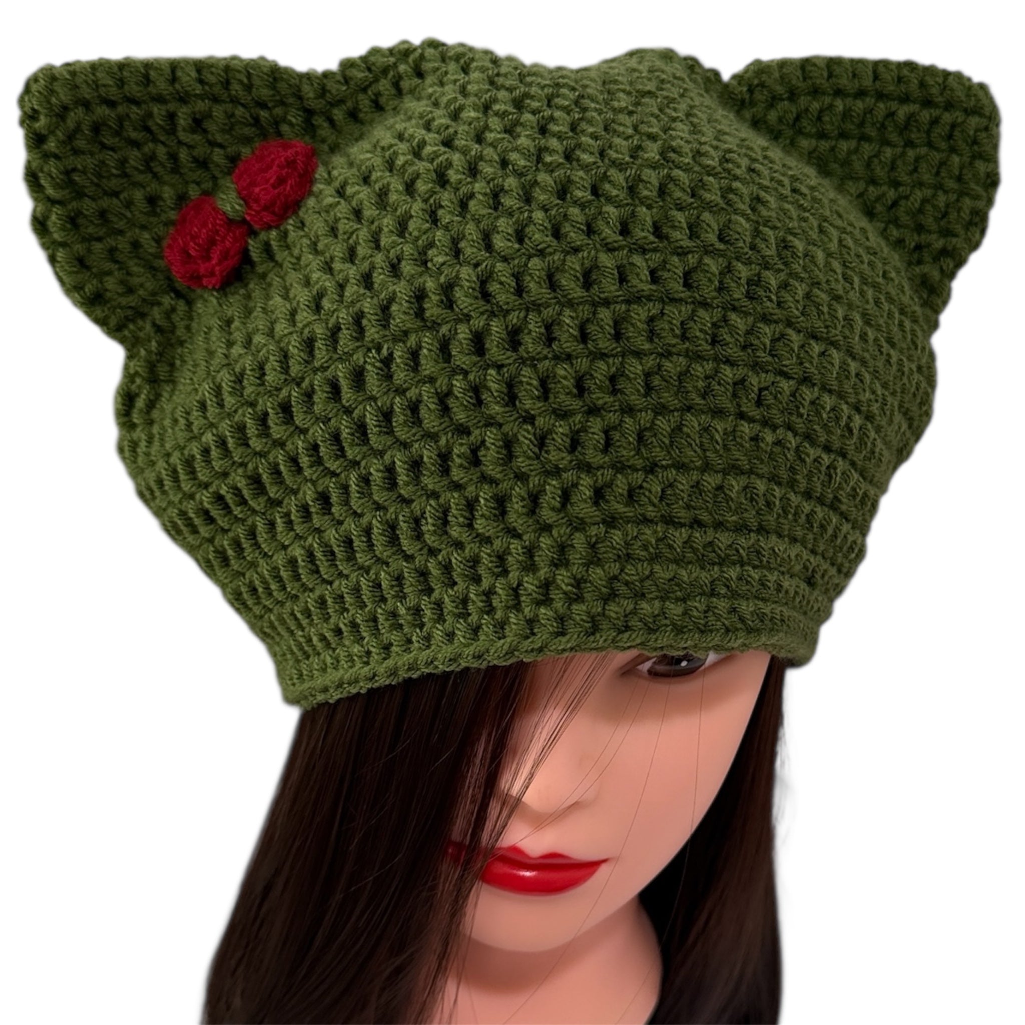 Crochet Custom Cat Ear Bennie Dark Olive Green with  Red bow - for kids 6-12 yo.- Christmas