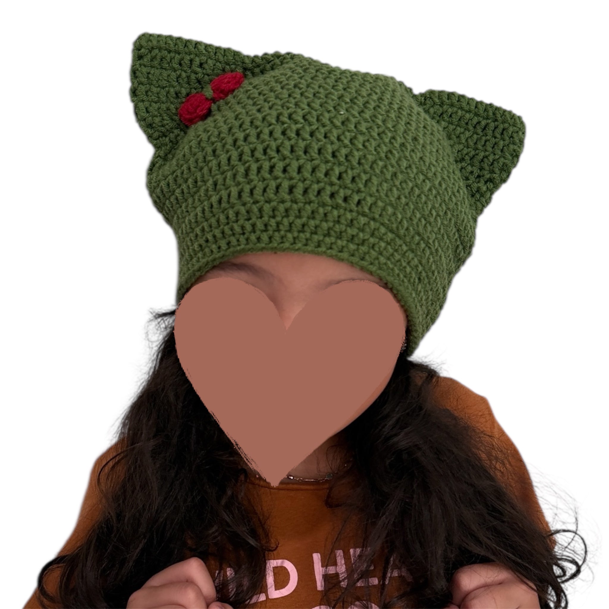 Crochet Custom Cat Ear Bennie Dark Olive Green with  Red bow - for kids 6-12 yo.- Christmas