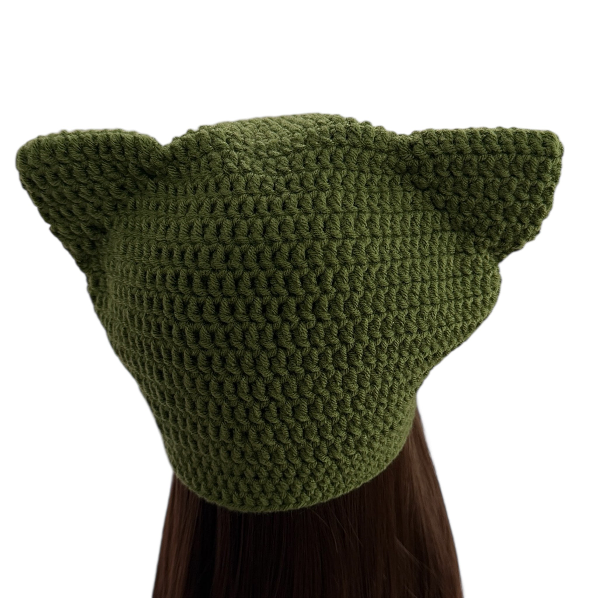 Crochet Custom Cat Ear Bennie Dark Olive Green with  Red bow - for kids 6-12 yo.- Christmas