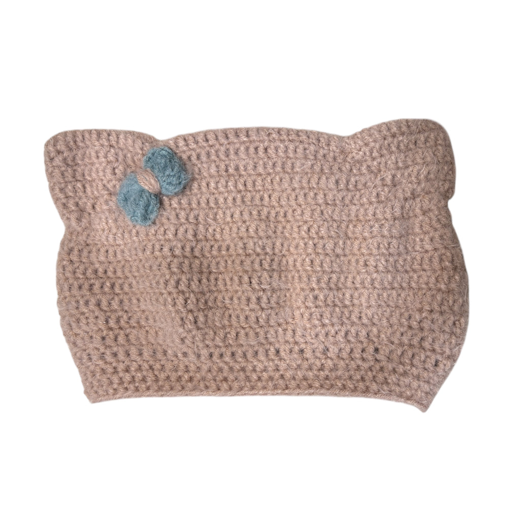 Crochet Custom Cat Ear Bennie Dusty Pink  with Light Blue bow - for kids and adults