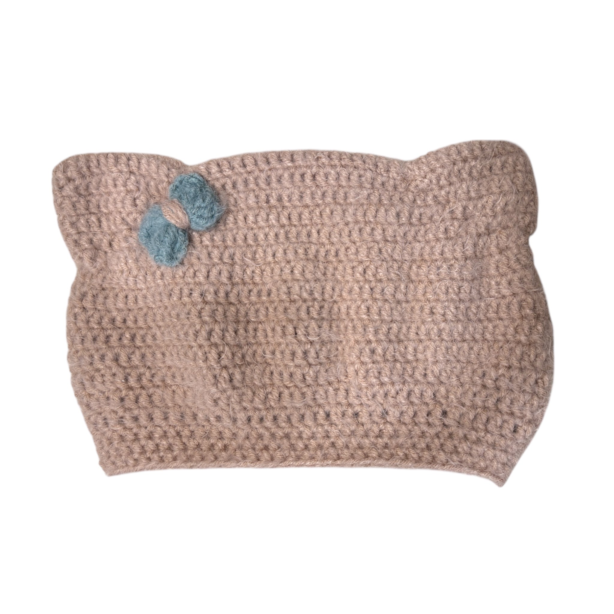 Crochet Custom Cat Ear Bennie Dusty Pink  with Light Blue bow - for kids and adults