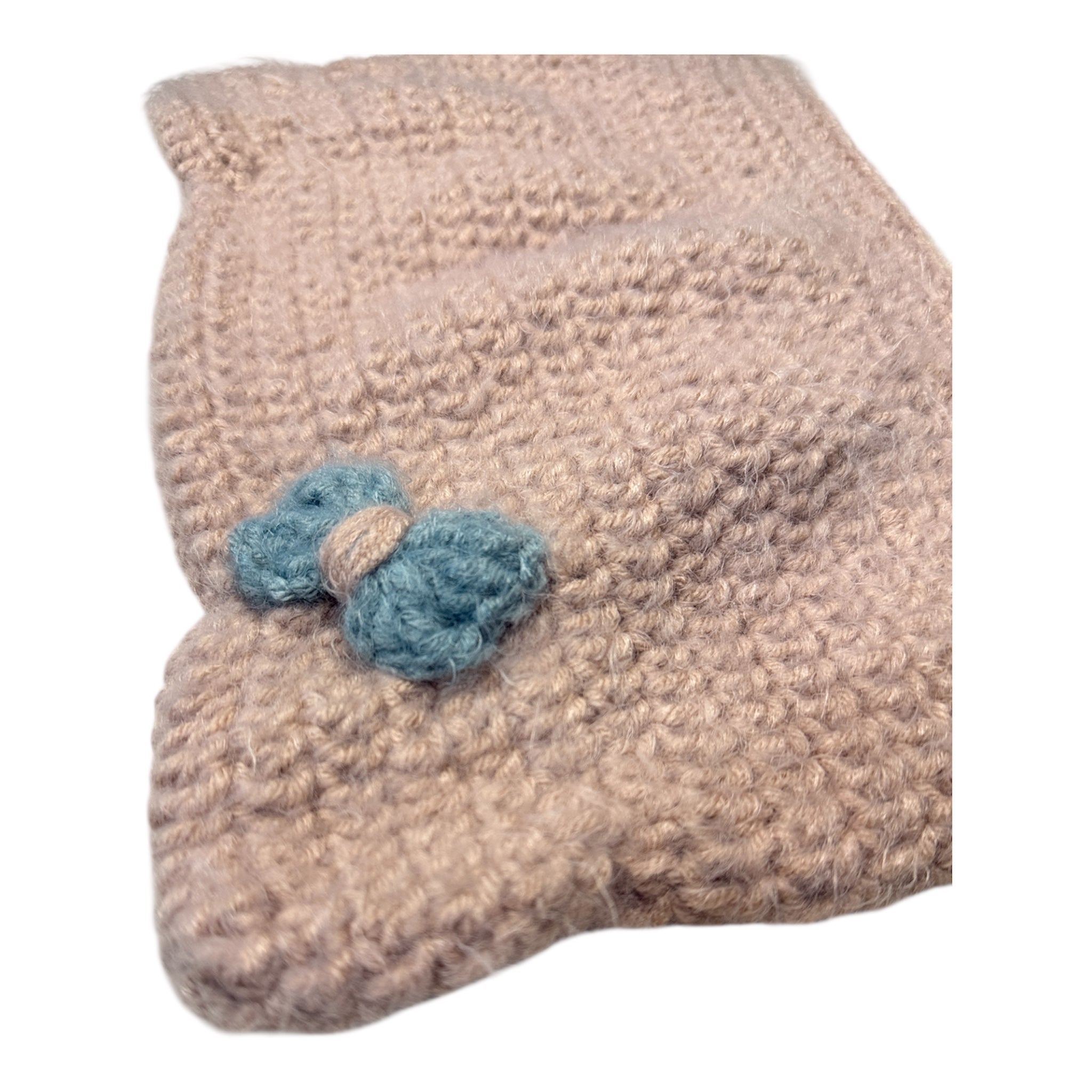 Crochet Custom Cat Ear Bennie Dusty Pink  with Light Blue bow - for kids and adults
