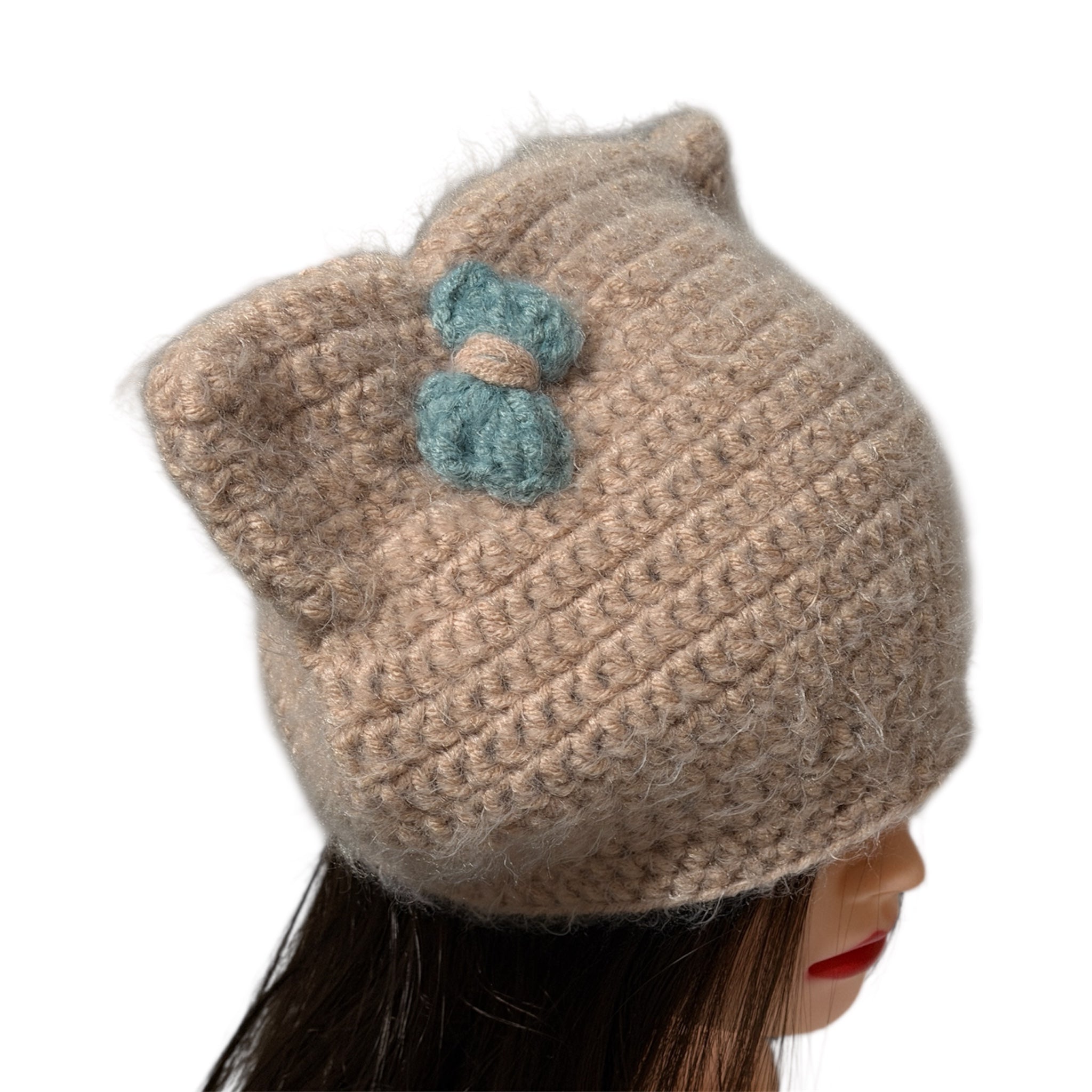 Crochet Custom Cat Ear Bennie Dusty Pink  with Light Blue bow - for kids and adults